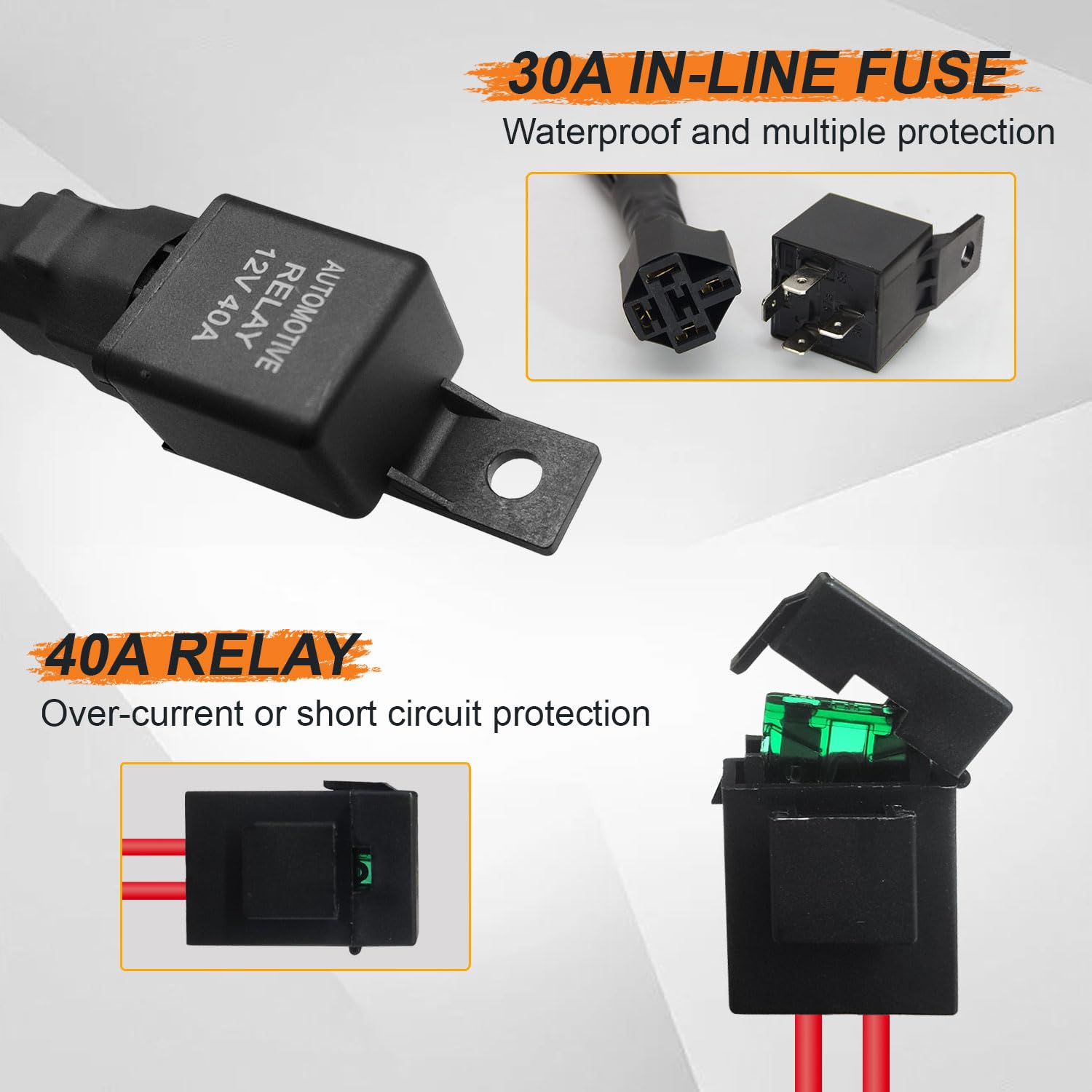DZG Motorcycle LED Light Wiring Harness Kit 12V 2 Leads 30A Fuse 40A Relay ON/Off Switch 18AWG - Compatible with Fog Lights, Light Bars, Driving & Auxiliary Work Lights - Perfect for Off-Road, Night Riding & Emergency Vehicles