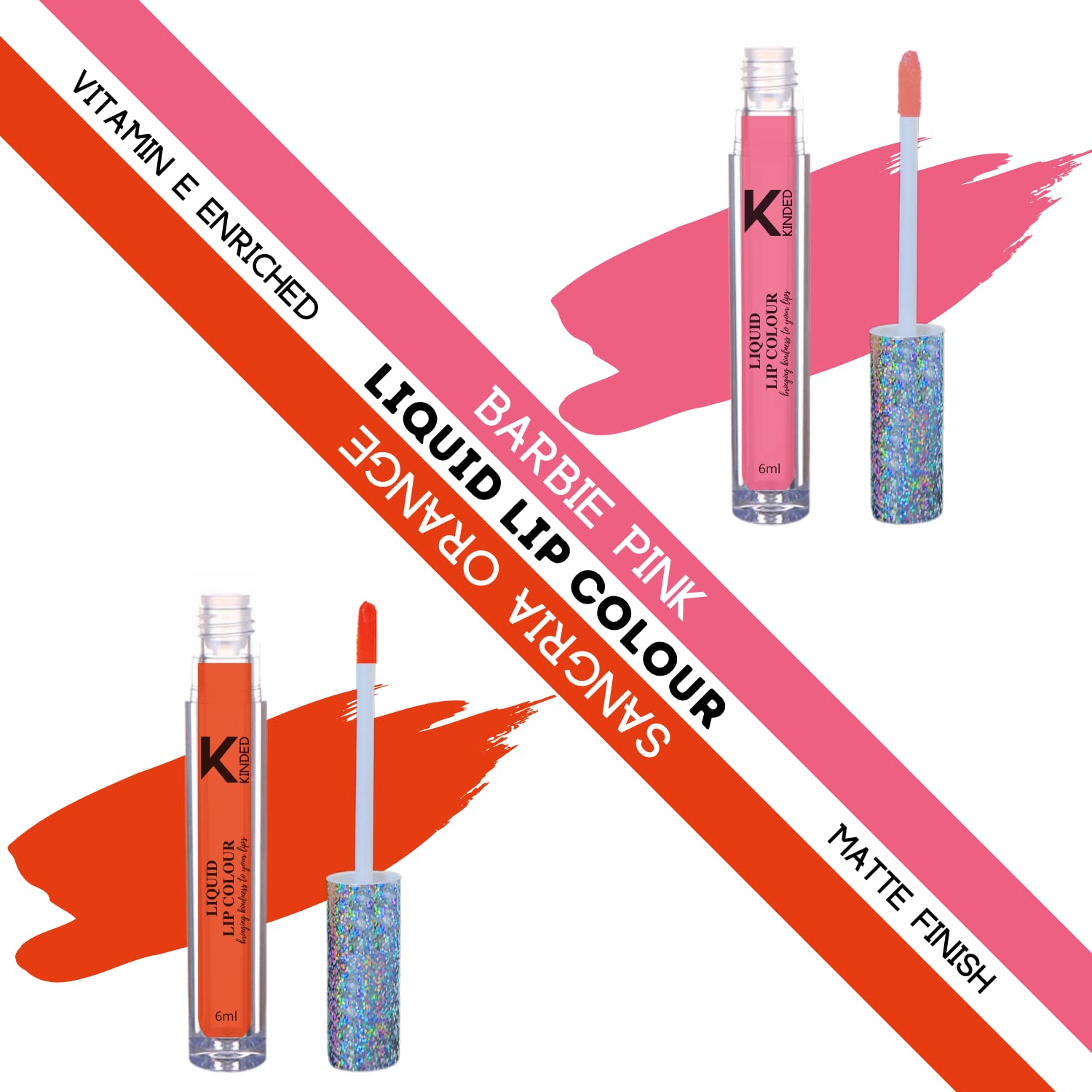 KINDED Liquid Lipstick Set - Vitamin E Enriched, Waterproof, Long-Lasting Matte Lip Color (2 Pack, 6ml Each) - Barbie Pink & Sangria Orange Shades | Perfect for Daily Wear, Parties, and Special Occasions