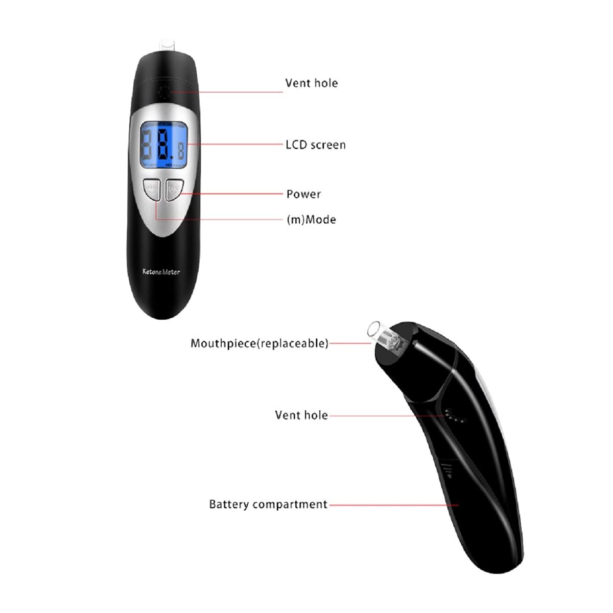 Premium Keto Breath Analyzer for Ketosis Testing - Accurate Ketone Breathalyzer Meter with 10 Disposable Mouthpieces (Black) | Track Ketosis for Weight Loss, Low Carb & Keto Diet Success