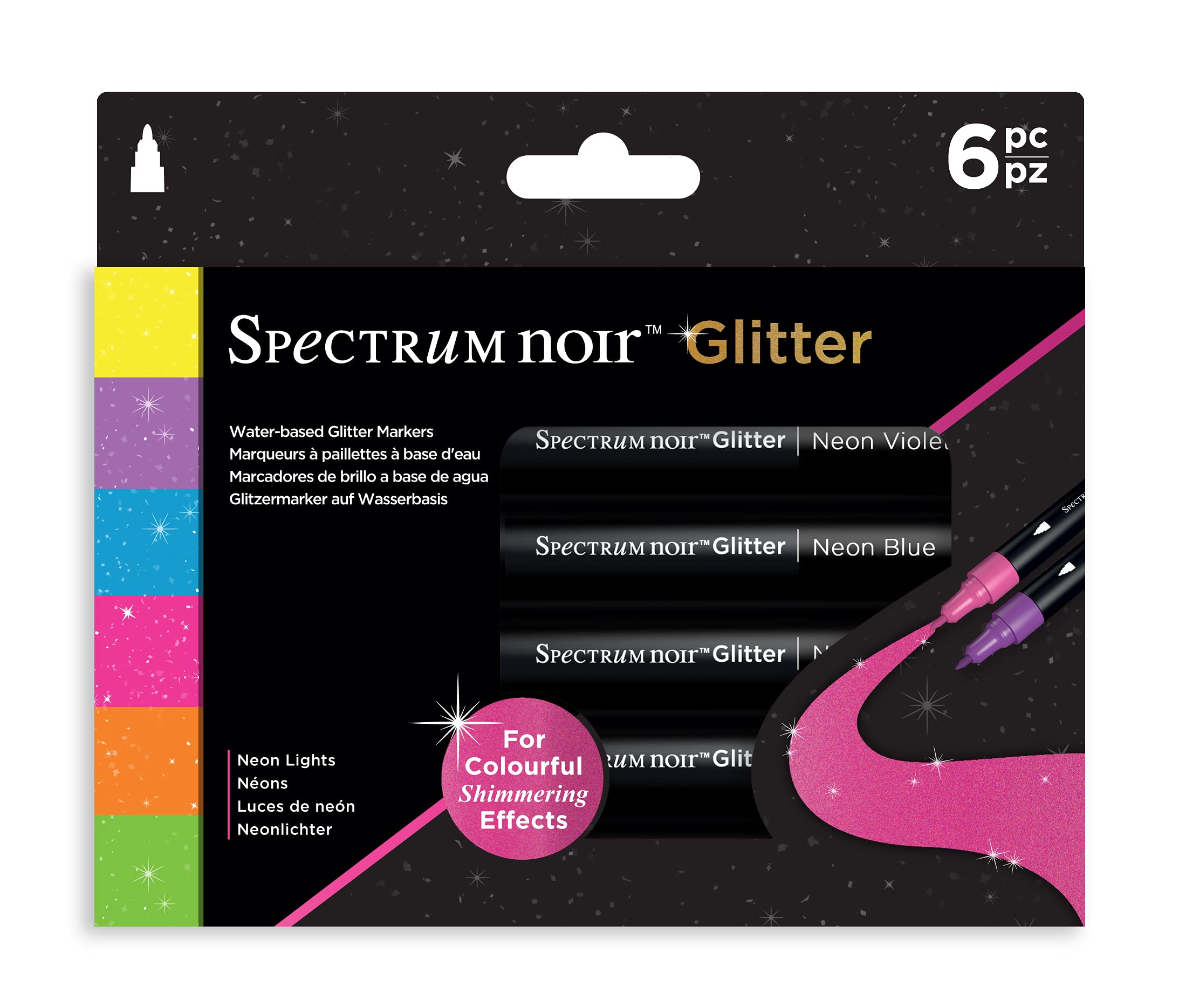 Spectrum Noir SN-Glitter Marker Lights - 6-Piece Set of Neon Glow Markers for Art, Scrapbooking & DIY Crafts | Vibrant Colors for Card Making, Bullet Journaling & Creative Projects