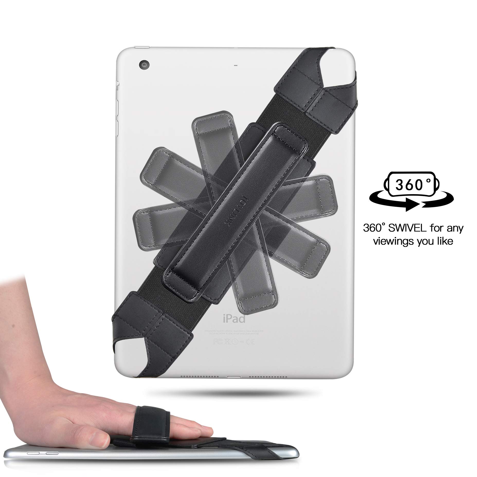 360° Swivel Leather iPad Hand Strap with Pen Loop & Elastic Belt - Compatible with 10.1