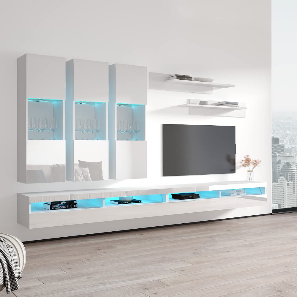 Modern Floating TV Stand with Storage & LED Lights - Wall-Mounted Entertainment Center Console for Bedroom & Living Room - White E2 35TV Stand with Shelves - Perfect for Small Spaces & Home Theater Setup