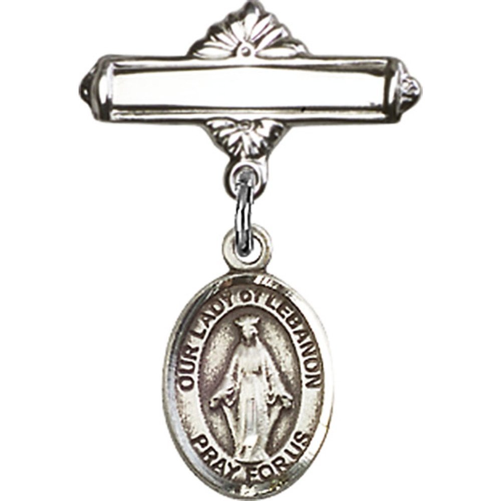 Bonyak Jewelry Saint Medal Collection - Sterling Silver Baby Badge with Our Lady of Lebanon Charm & Polished Pin (1 x 5/8 inches) - Perfect for Baptisms, First Communions & Religious Gifts