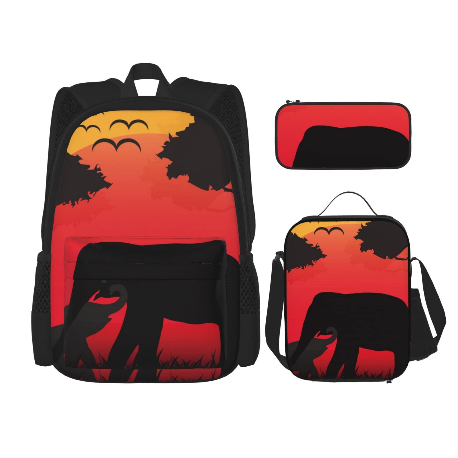 3-Piece Elephant at Sunset Backpack Set with Lunch Box & Pencil Case - Cute Animal Print School Bookbag for Kids, Teens, Boys & Girls - Perfect for School, Travel & Daily Use
