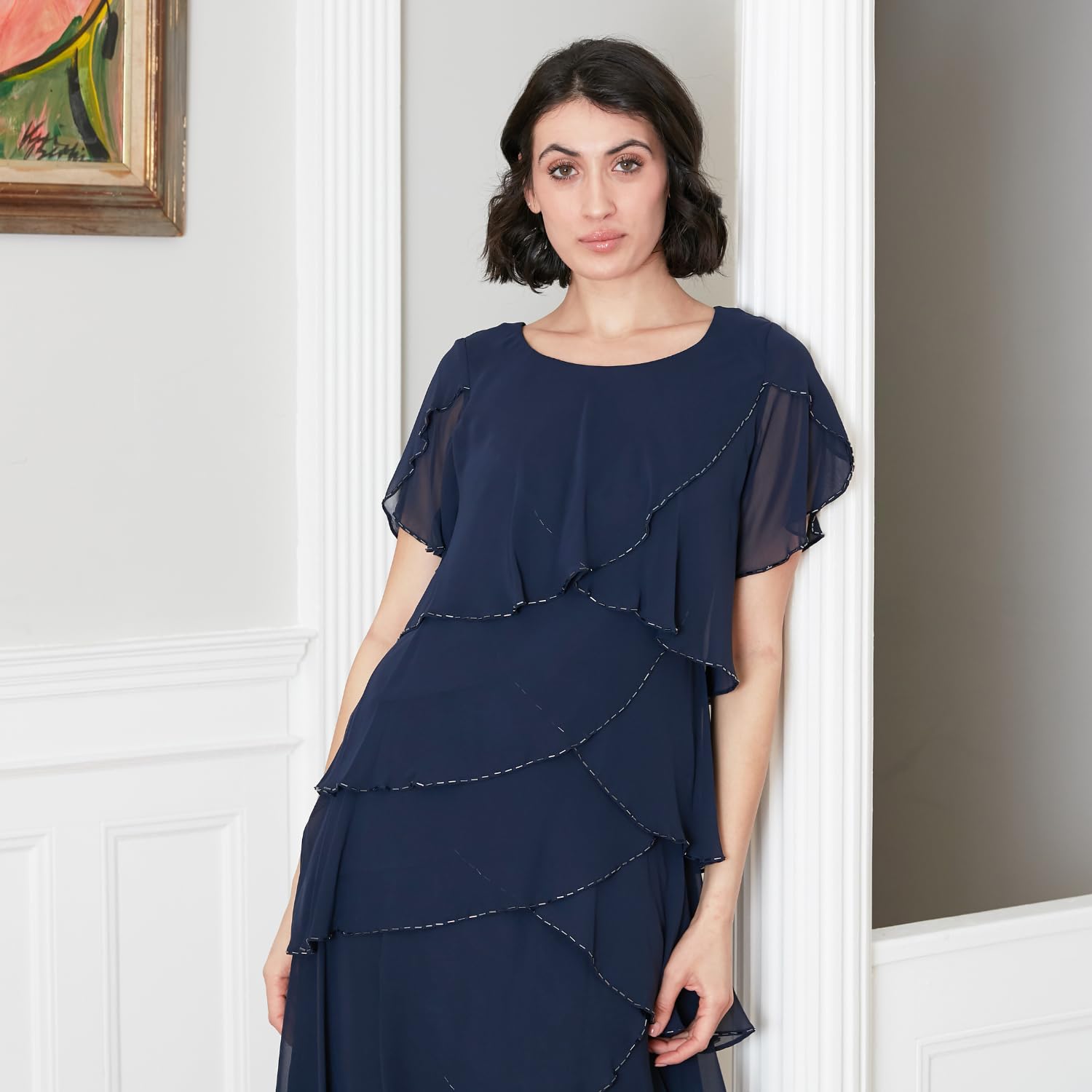 S.L. Fashions Women's Elegant Short Tulip Sleeve Tiered Chiffon Cocktail Dress for Wedding Guest, Party & Special Occasions - Available in Petite and Regular Sizes