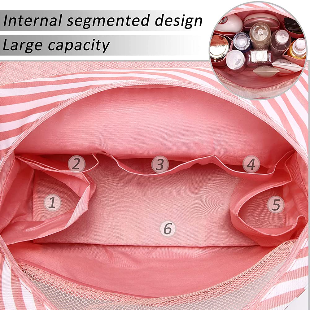 Premium Hanging Toiletry Bag for Women - Waterproof Travel Makeup Organizer with Hook, Cosmetic & Shower Bag for Bathroom Essentials (Pink Stripes) | Ideal for Travel, Gym, Camping & Daily Use