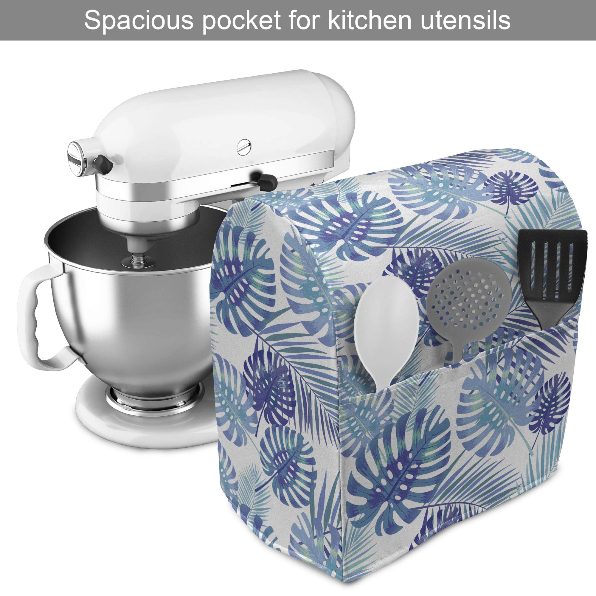 Ambesonne Tropical Palm Leaves Stand Mixer Cover - Blue & White 6-8 Quart Kitchen Appliance Organizer with Pocket | Perfect for Baking, Countertop Storage & Kitchen Decor