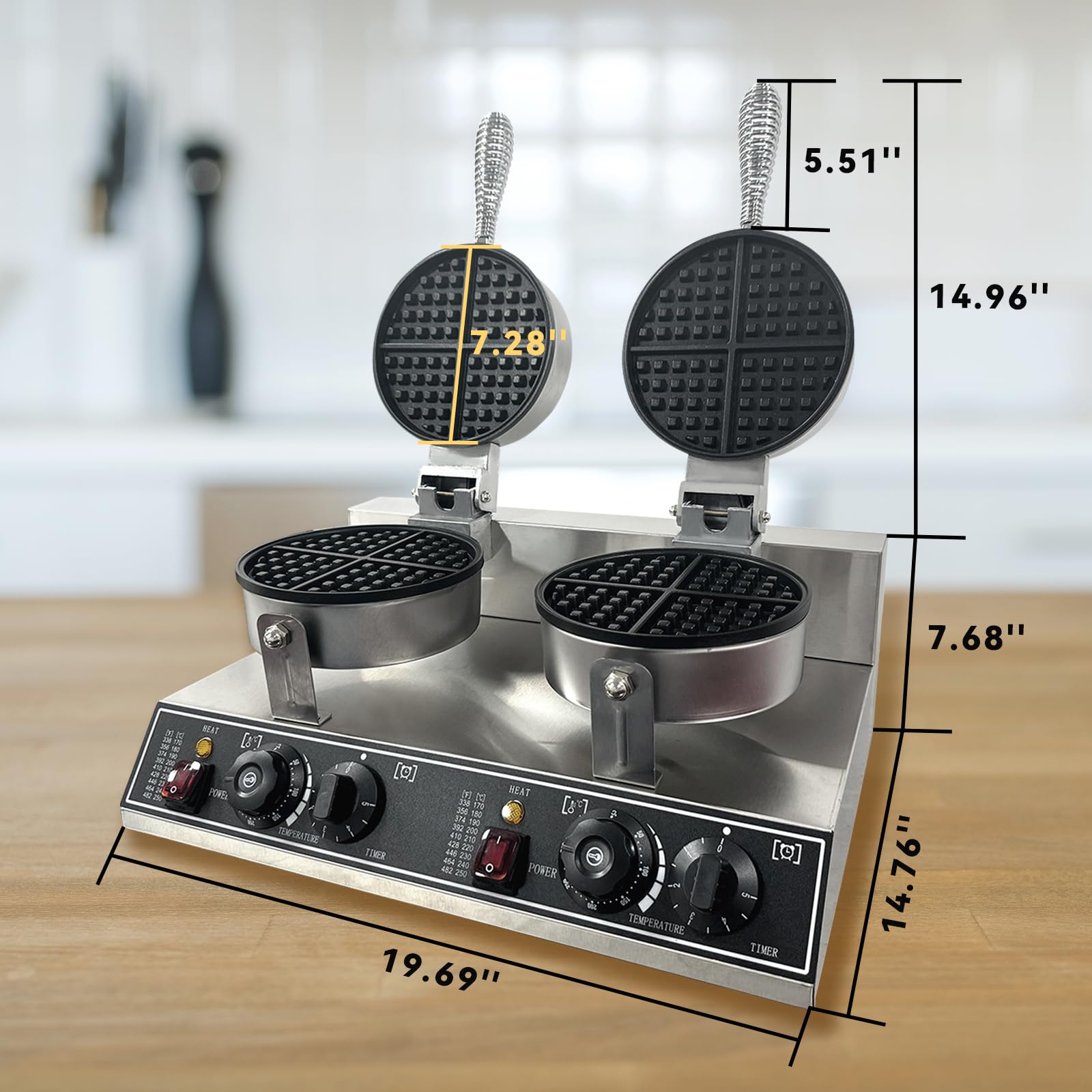Commercial Waffle Maker Machine 2400W - 110V Stainless Steel Double Grid Non-Stick Waffle Iron for Home, Cafe, Restaurant - Perfect for Breakfast, Brunch, and Dessert Making