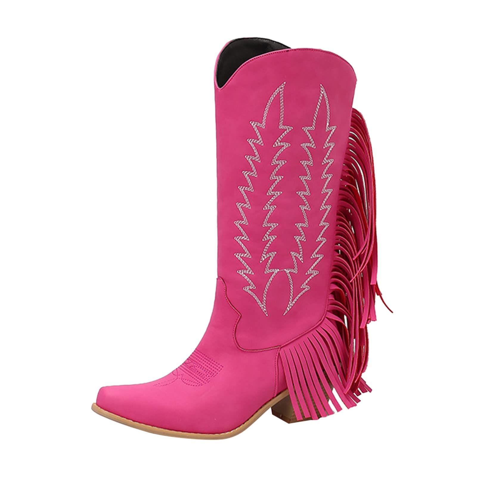 YUHAOTIN Women's White Cowboy Boots - Embroidered Square Toe Fringe Boots with Arch Support | Retro Western Fashion, Square Heel Mid-Calf Boots for Country Dancing, Rodeo & Casual Wear
