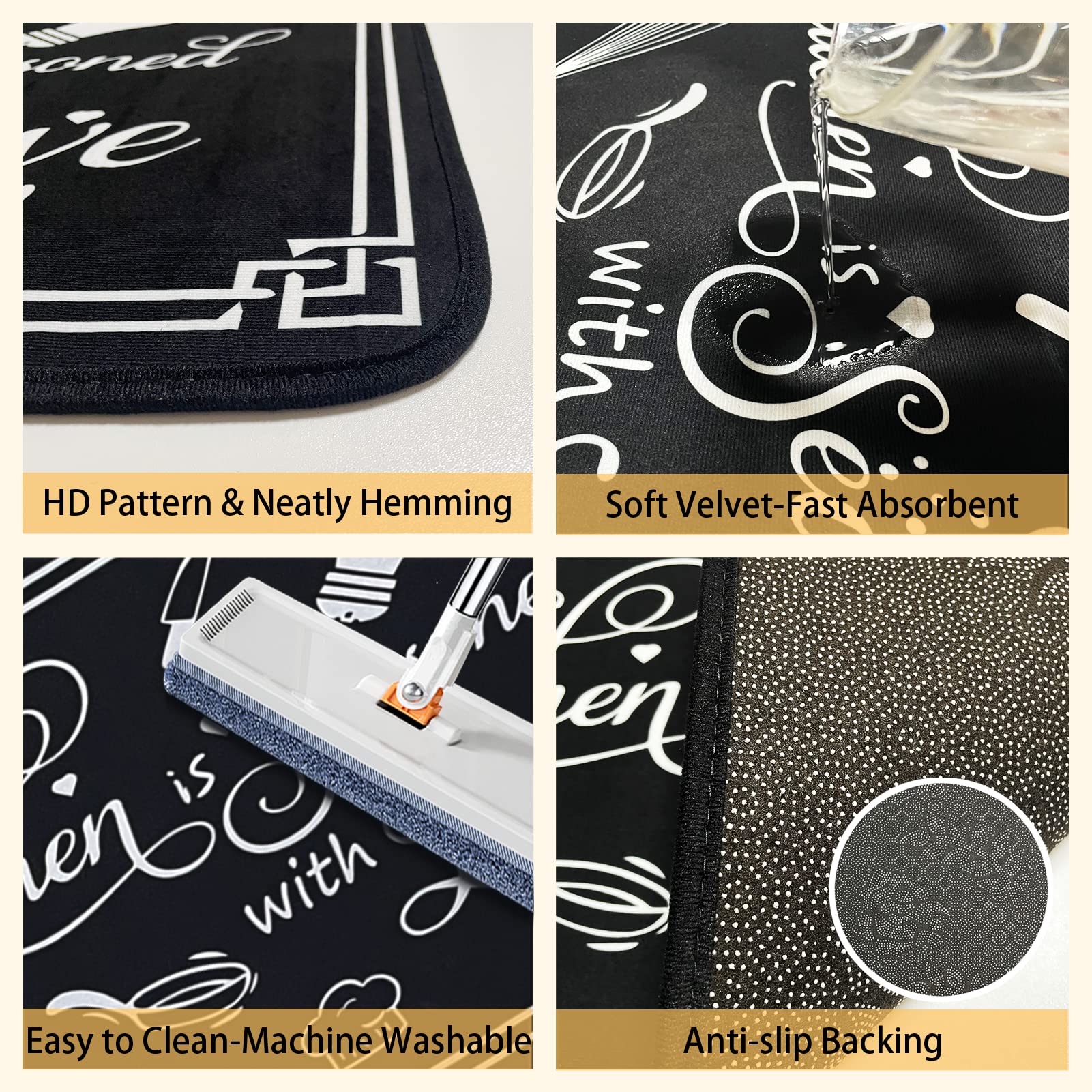 Non-Slip Washable Microfiber Kitchen Rugs Set of 2 - Black & White Kitchen Rules Themed Floor Mats (17