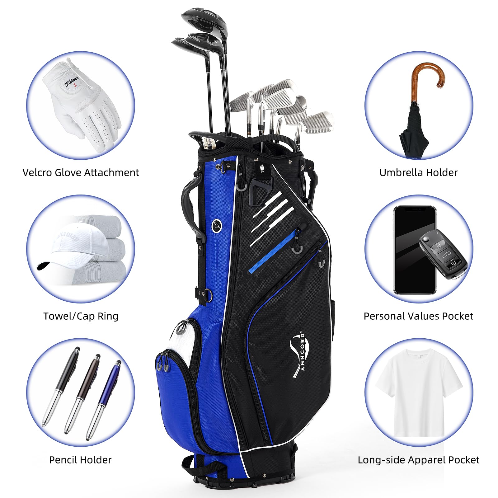 14-Way Top Divider Golf Stand Bag with Dual Strap - Waterproof Men's Golf Bag with 8 Pockets & Cooler Pouch - Includes Rain Hood - Perfect for Golf Tournaments & Weekend Golfing