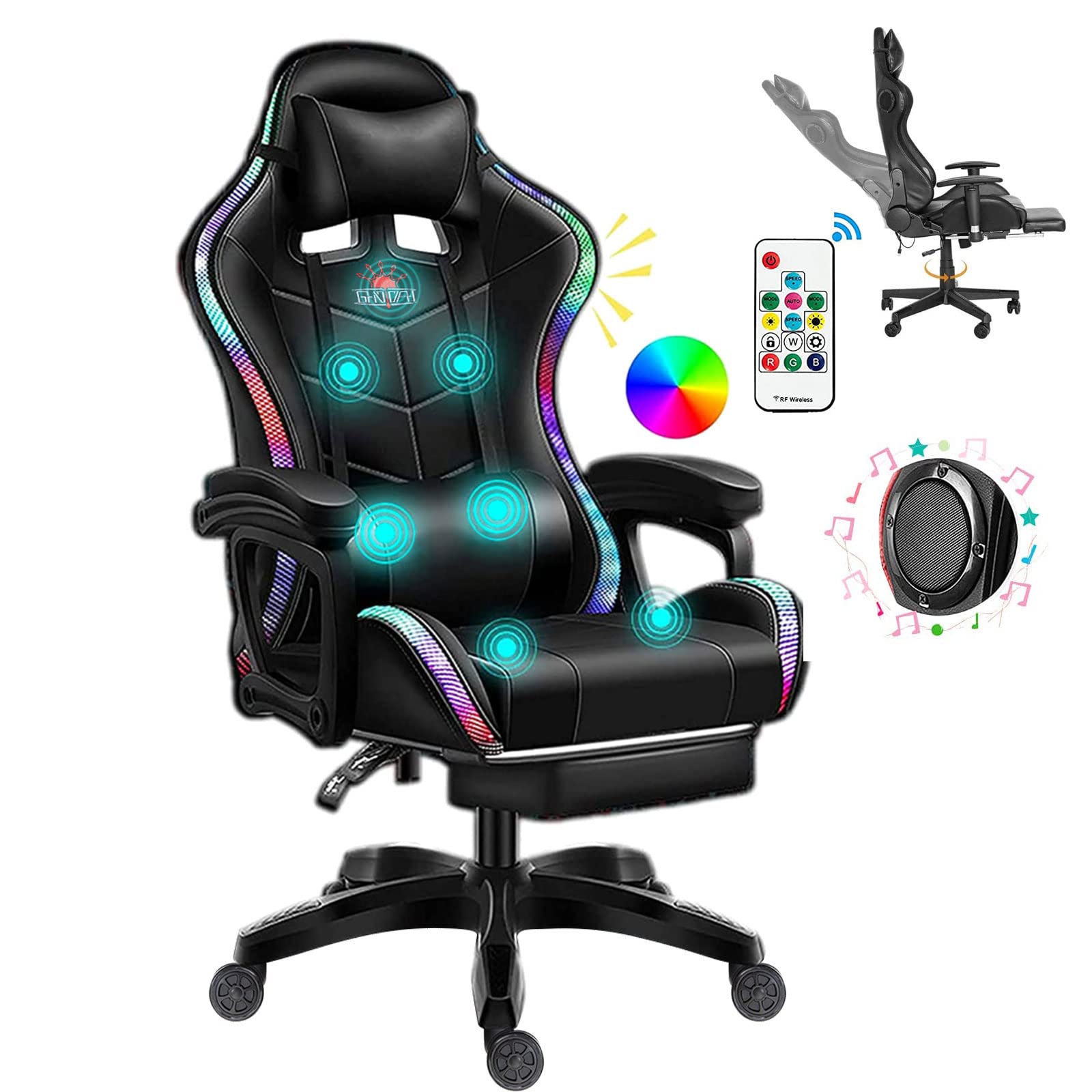 TBQATNTS LED Gaming Chair with Bluetooth Speakers - Ergonomic Racing Office Chair with PU Leather, Full Massage & Lumbar Support - Perfect for PC Gaming, Streaming & Home Office (Black)