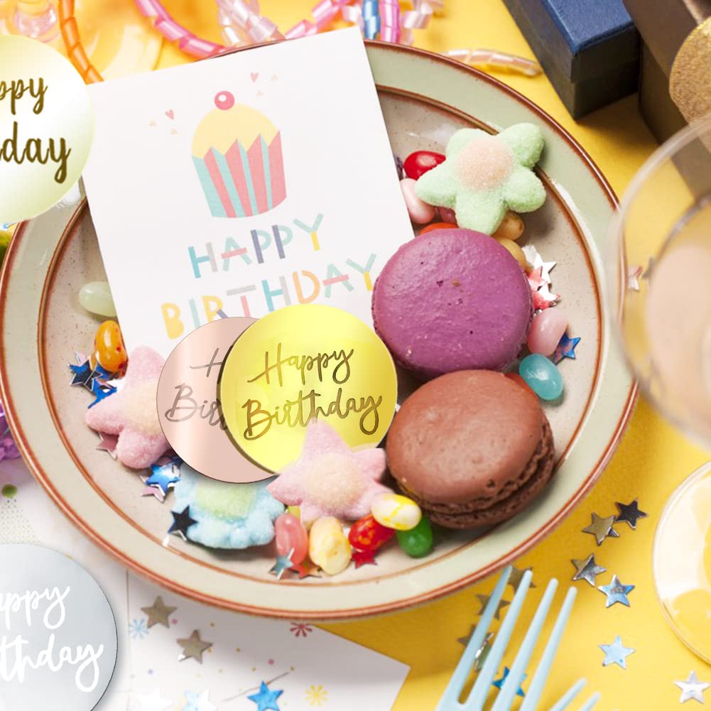 21Pcs Happy Birthday Cake Disc Acrylic Cupcake Toppers Set - Gold Pink Silver Mirror Acrylic Cake Decorations for DIY Birthday Party, Baby Shower & Wedding Celebrations - Perfect for Cupcake, Dessert Table and Cake Decorating