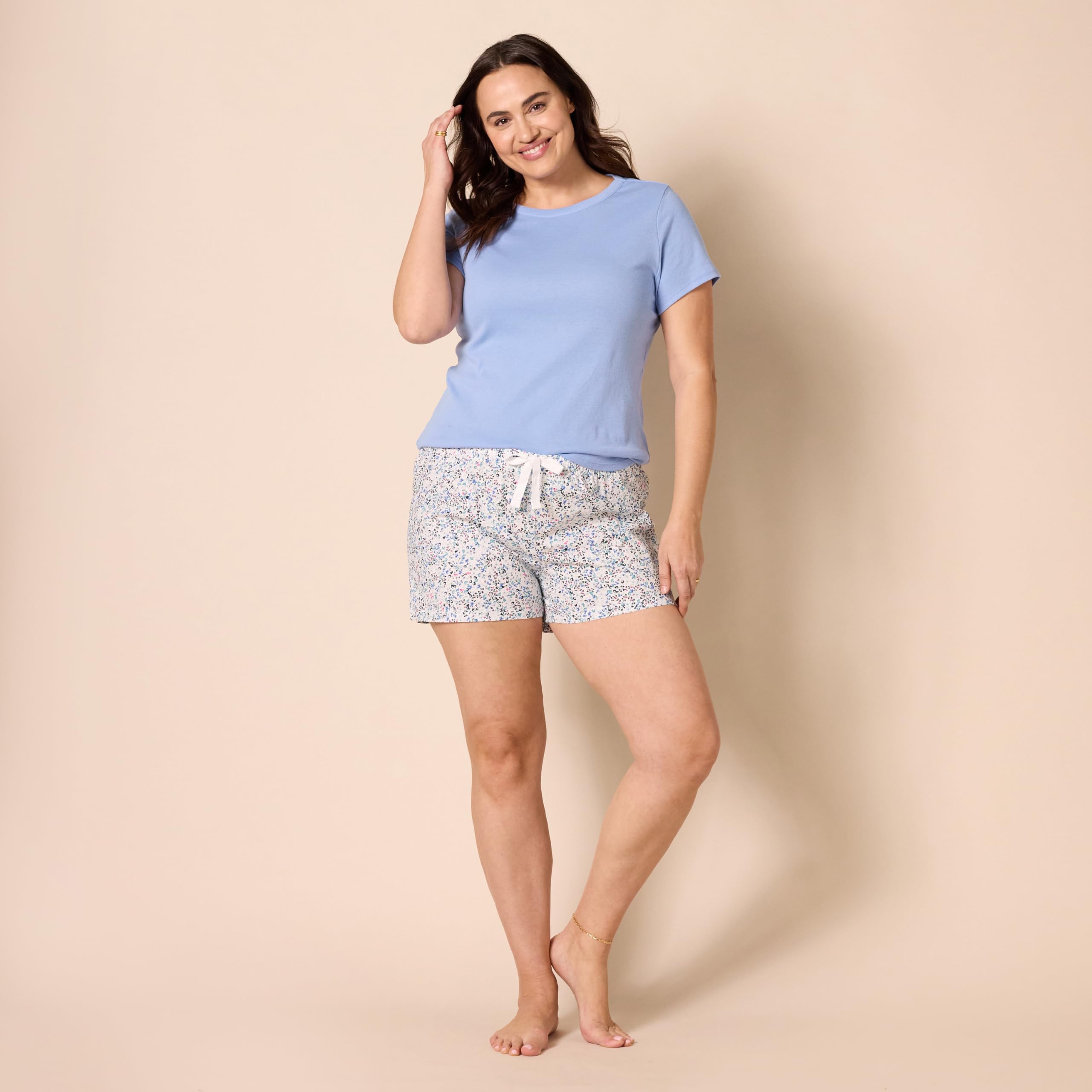 Amazon Essentials Women's Poplin Short Sleeve Sleep Tee Set - Soft Cotton Pajama Top & Shorts Comfy Lounge Wear for Sleep, Relaxing at Home & Vacation