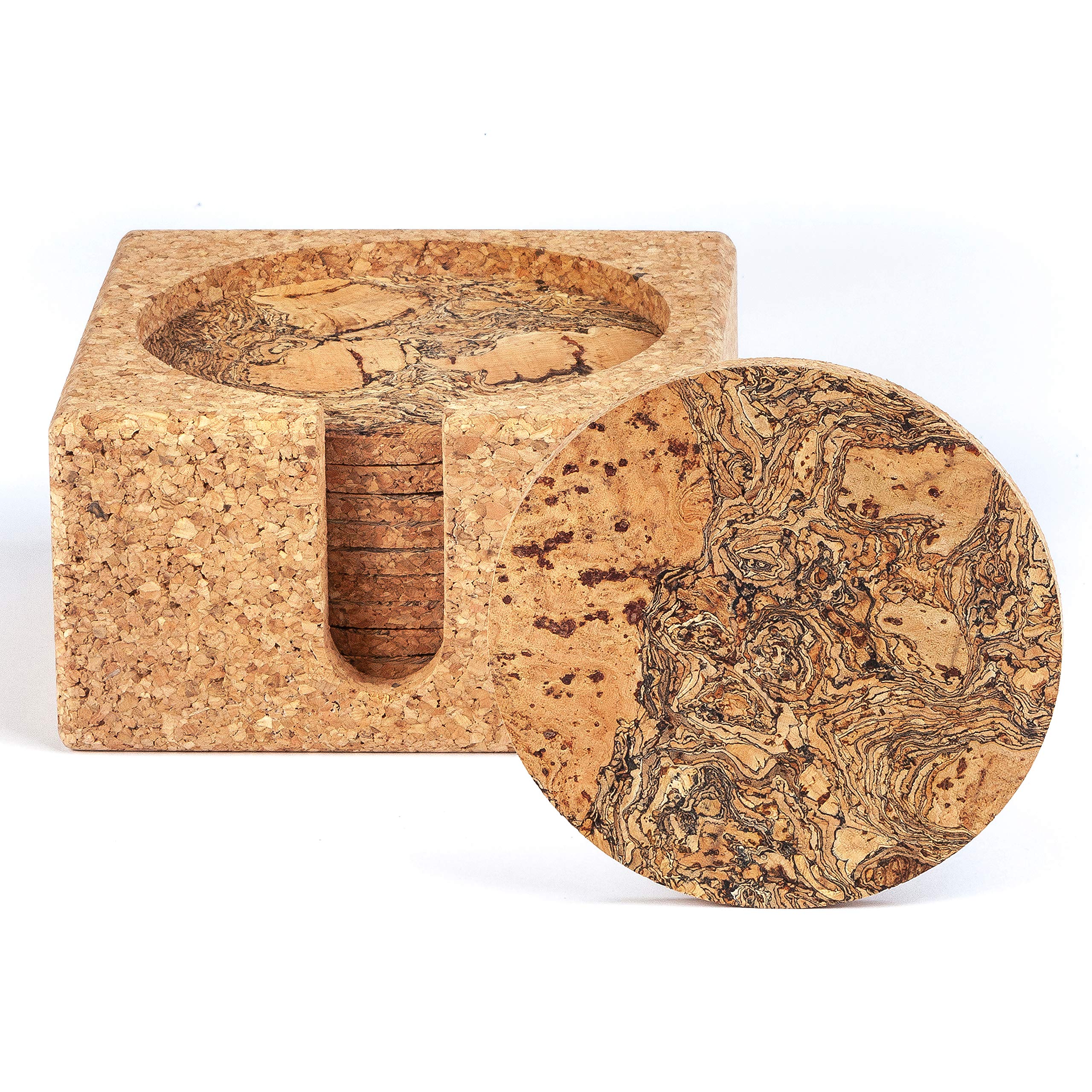Natural Cork Coasters Set of 10 - Absorbent Drink Coasters with Matching Cork Holder for Wine Bottles & Glasses - Protect Tables & Countertops from Stains & Heat - Perfect for Home Bar, Kitchen, Dining Room & Office Use