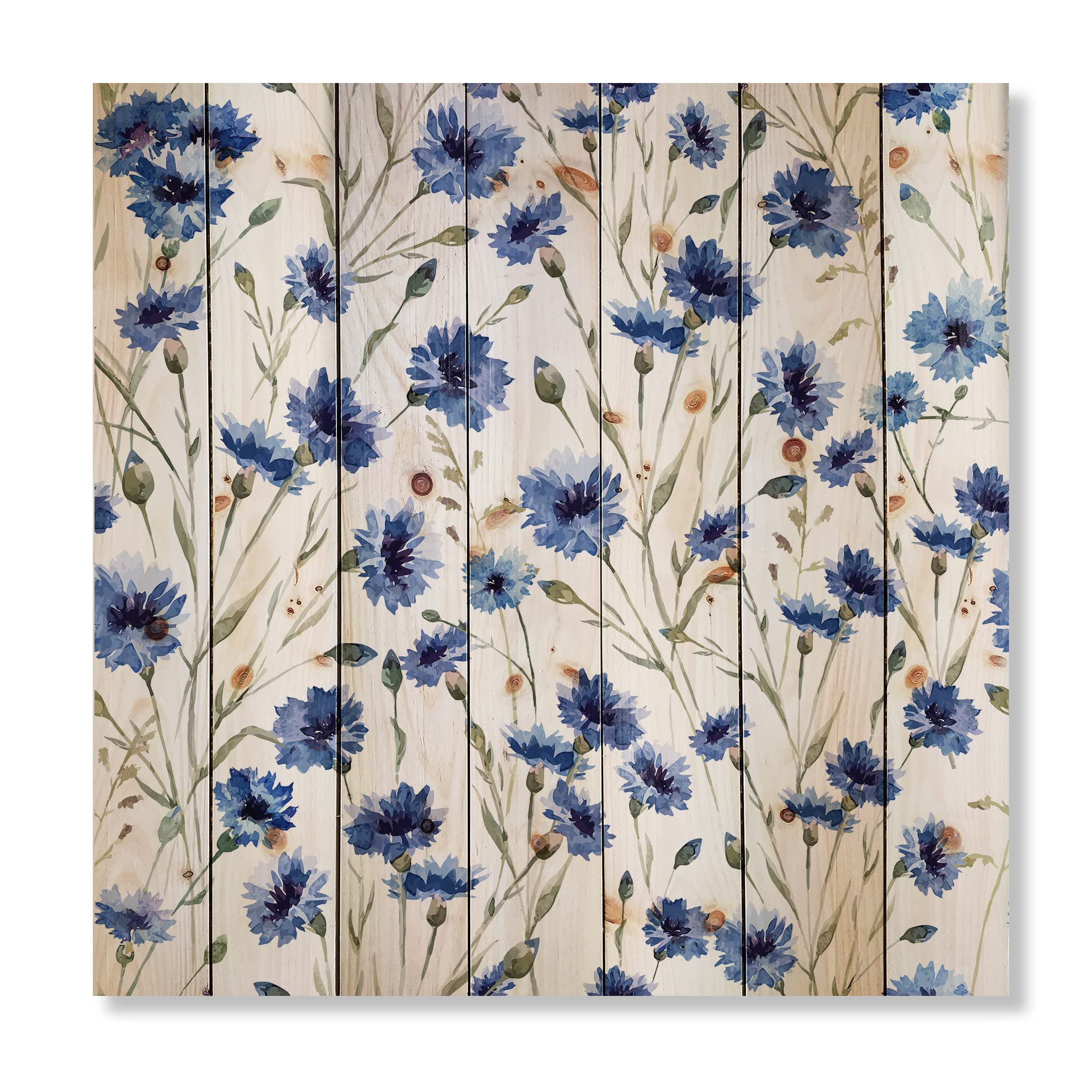 Blue Wildflowers with Green Leaves Traditional Wood Wall Art - Large Floral Pine Wood Decor Panel for Living Room, Bedroom & Office | Handcrafted Natural Wood Wall Hanging