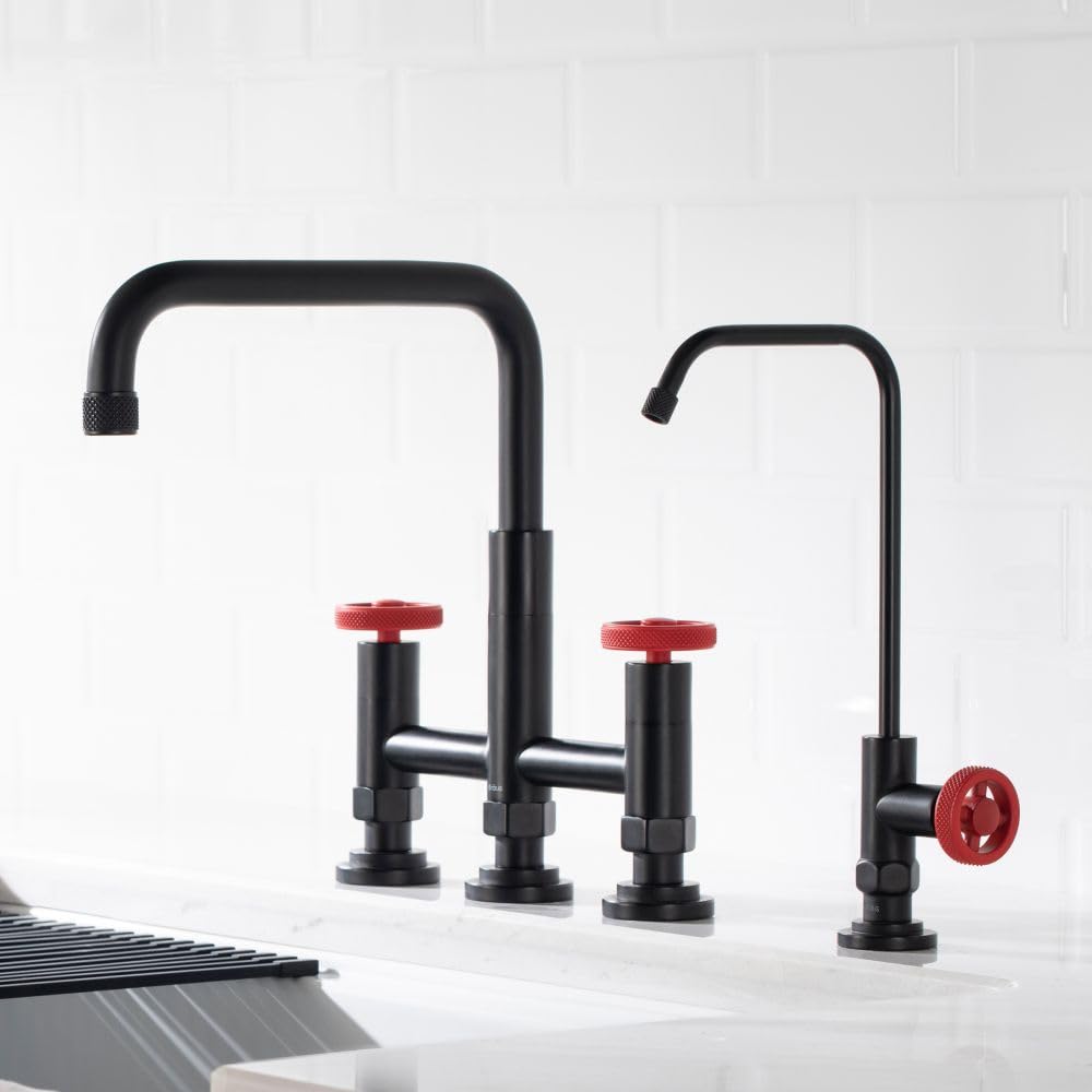 KRAUS Urbix Industrial Bridge Kitchen Faucet with Water Filter - Matte Black & Red Finish | KPF-3125-FF-101MBRD | Perfect for Modern Farmhouse & Industrial Style Kitchens