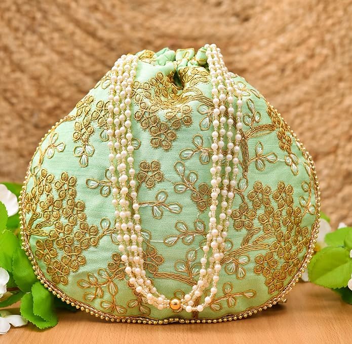 Eco-Friendly Embroidered Silk Women's Potli Bags with Handles - Perfect for Haldi Ceremony, Indian Weddings, Traditional Festivals & Gift Giving