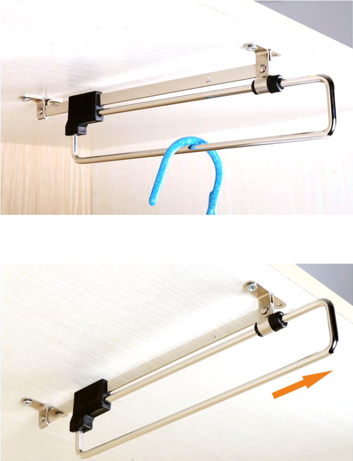 Retractable Closet Pull Out Rod - Heavy Duty Cold Rolled Steel Hanging Clothes Rod with Mounting Screws (Black/Silver, 14