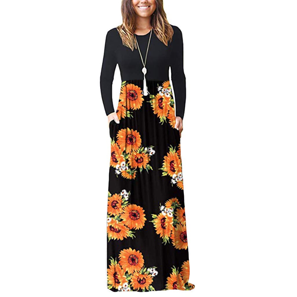 Plus Size Maxi Dresses for Women - Long Sleeve Floral Beach Dress with Pockets | Loose Fit Casual Summer Dress for Vacation, Party & Everyday Wear