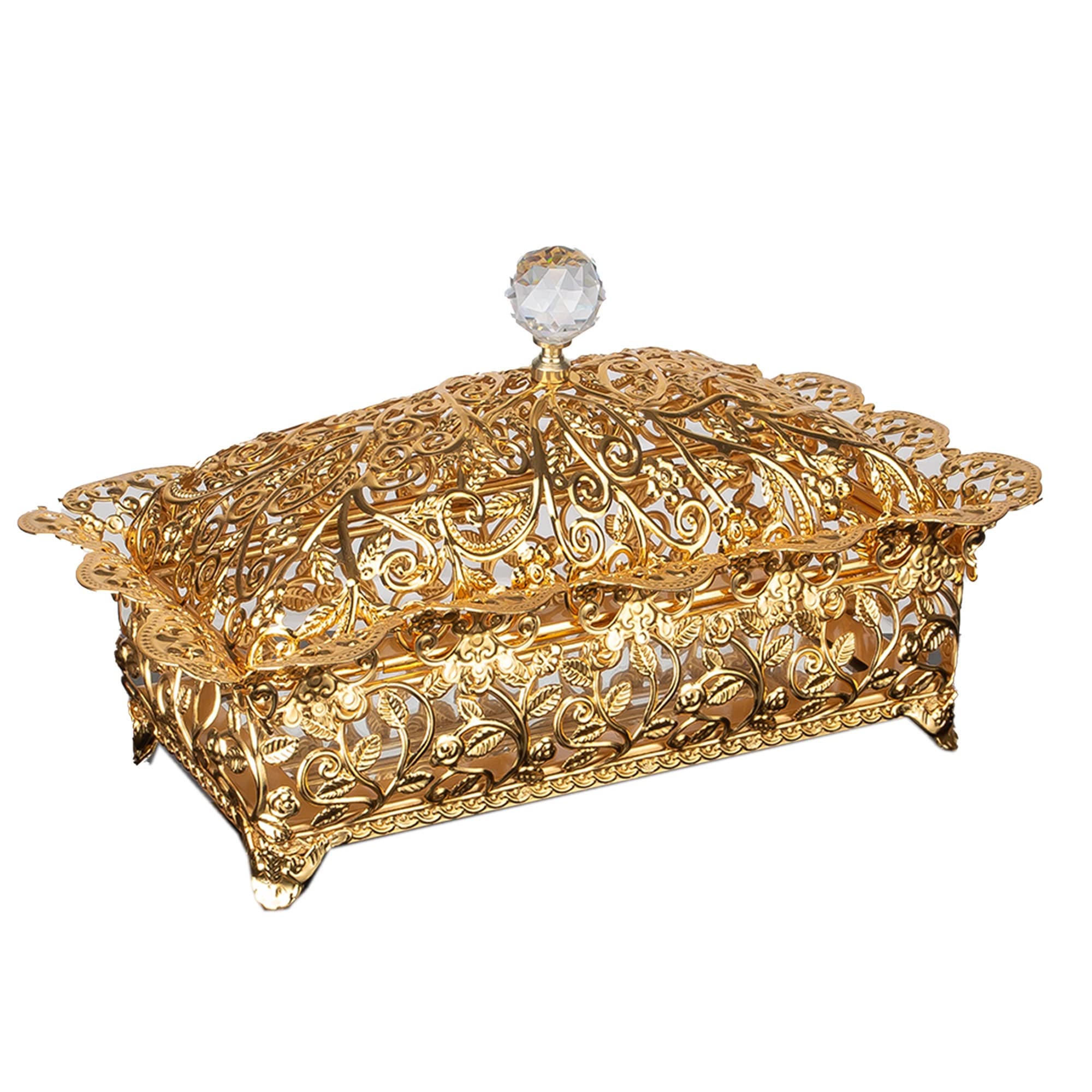 Handmade Gold Rectangle Candy Dish with Glass Lid & Crystal Top - Elegant Sugar Serving Bowl for Office Desk, Home Decor, and Party Dessert Display