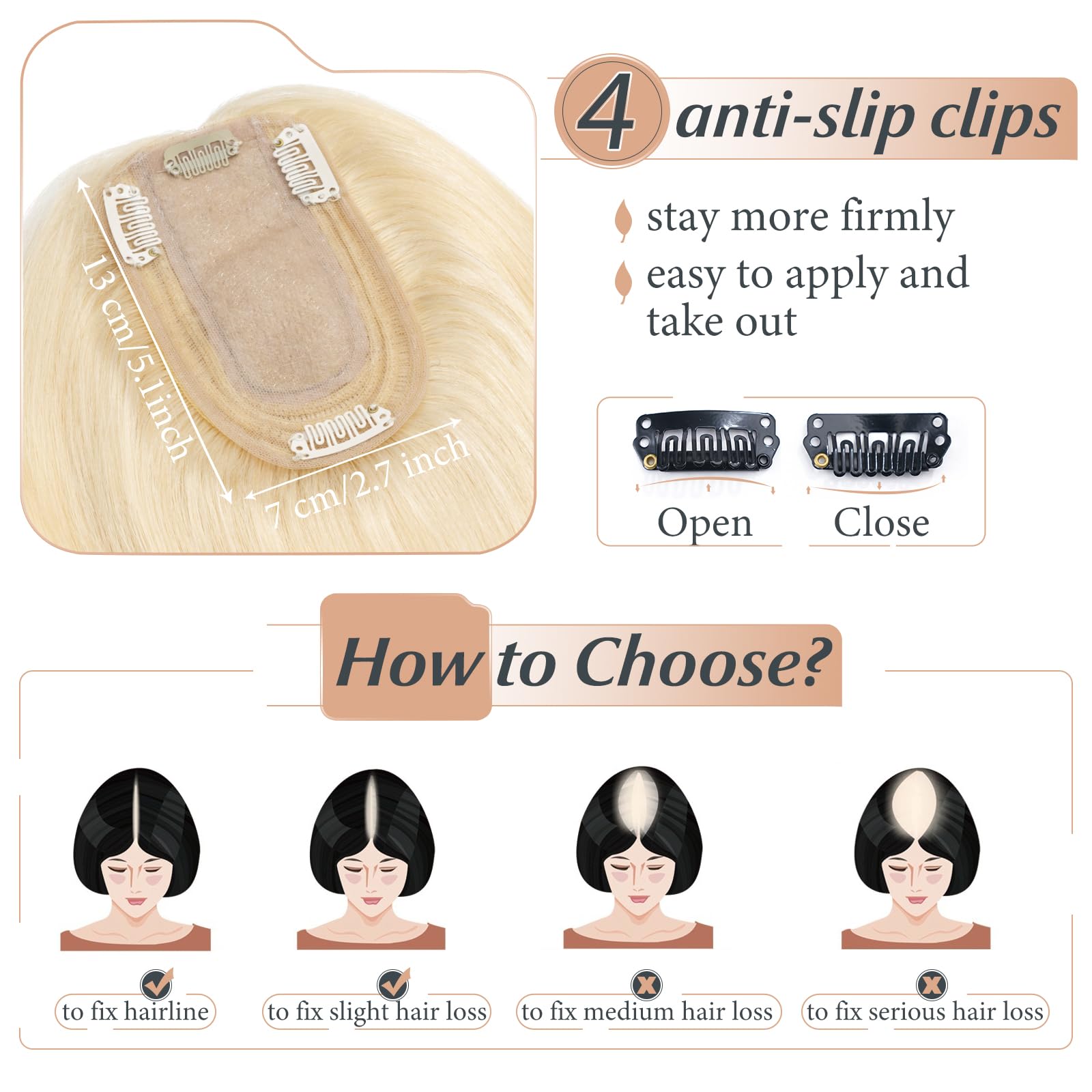 Clip in Human Hair Toppers 12 Inch Straight Hair Extensions for Thinning Hair & Hair Loss - Ash Blonde #613 - Perfect for Daily Wear, Parties & Special Occasions