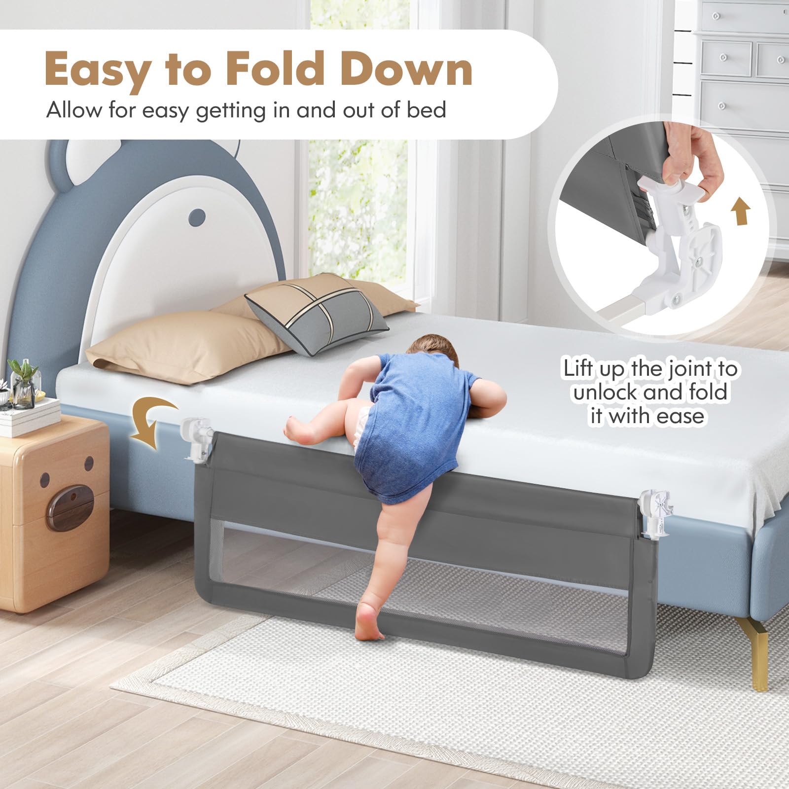 Costzon Extra Long Swing Down Bed Rail for Toddlers - 2 Pack Safety Bed Guards with Straps, Fits Convertible Crib, Twin, Full, Queen & King Size Beds - Foldable Baby Bed Rail (59 Inch, Gray) - Perfect for Toddler Safety & Transition from Crib to Big Kid Bed