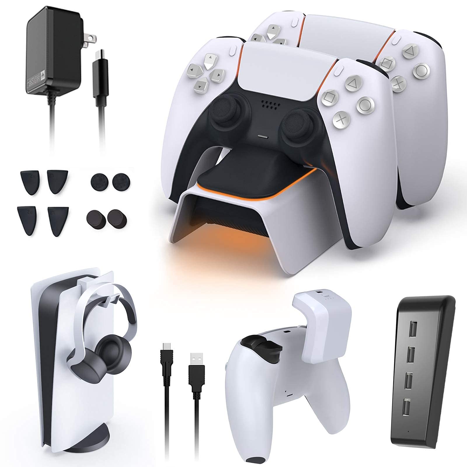 NexiGo PS5 Essential Accessories Kit - Upgraded DualSense Controller Charger with AC Adapter, Headset Stand, 4-Port USB Hub & Rechargeable Battery Pack | Perfect for Gaming Setup & Console Organization