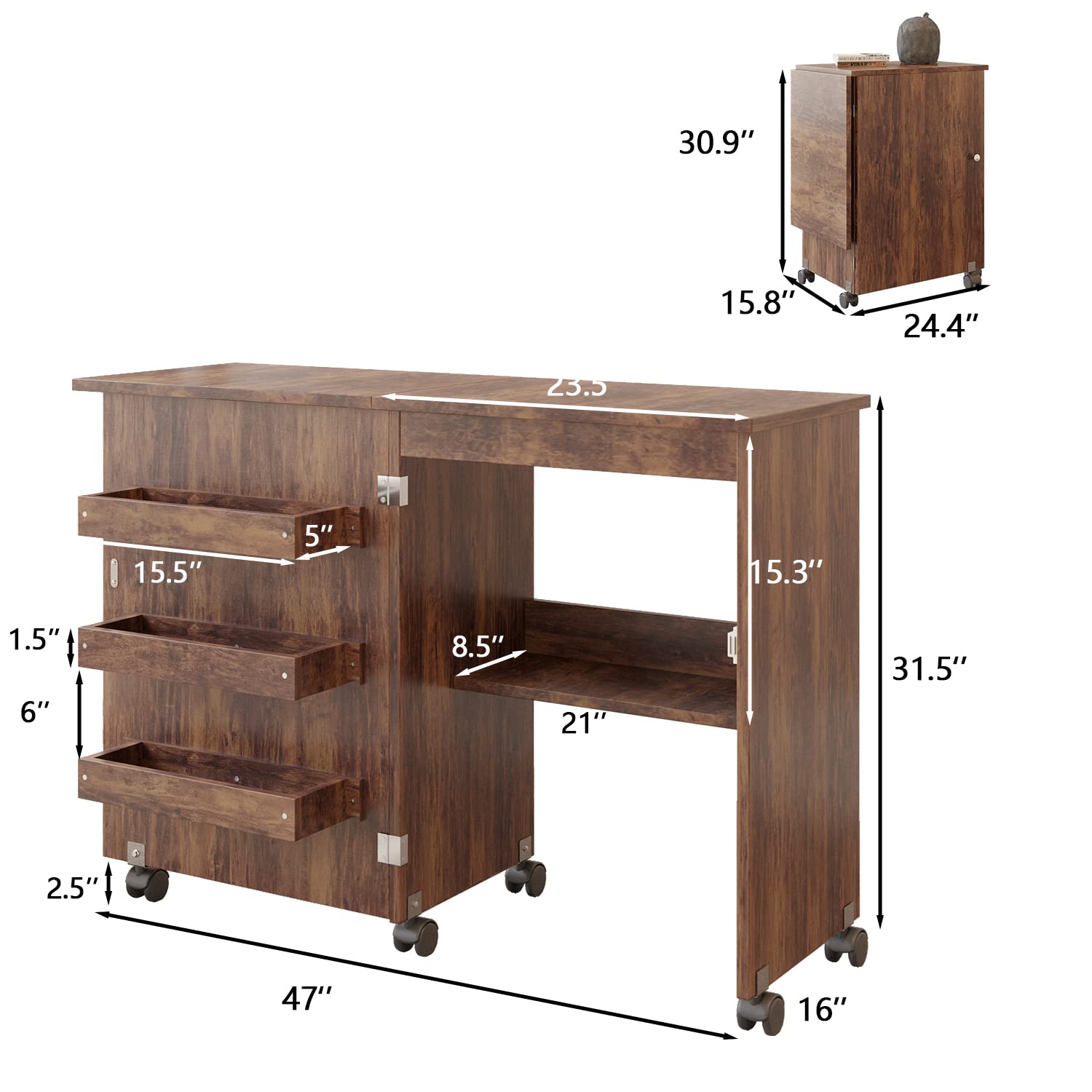 Usinso Folding Sewing Table with Storage Shelves - Multifunctional Rolling Sewing Machine Cart & Craft Cabinet, Portable Lockable Caster Desk for Sewing, Crafting & Computer Work (Rustic Brown) | Perfect for Home Studios, DIY Projects & Small Space Organization