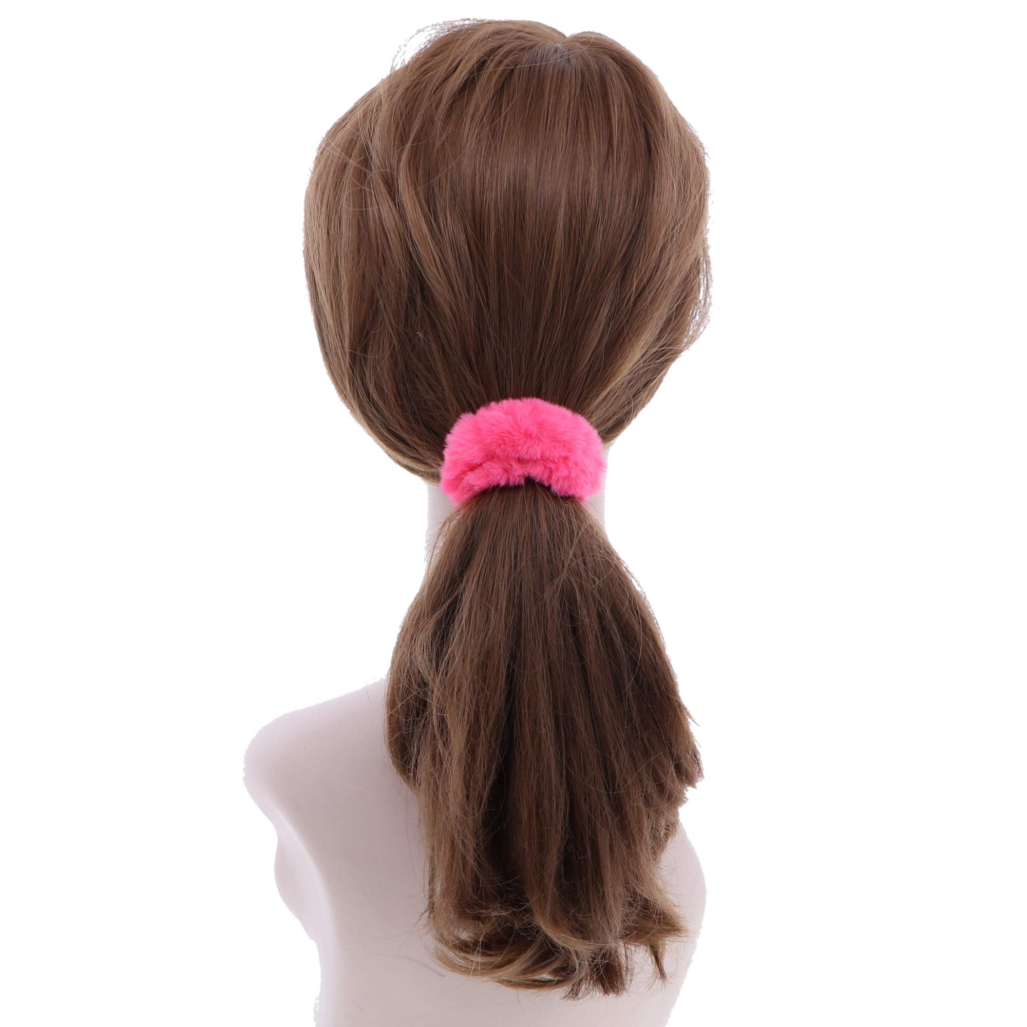 Small Faux Fur Scrunchies Hair Tie Set of 6 - Hot Pink & White - Perfect for School, Work, and Casual Outings