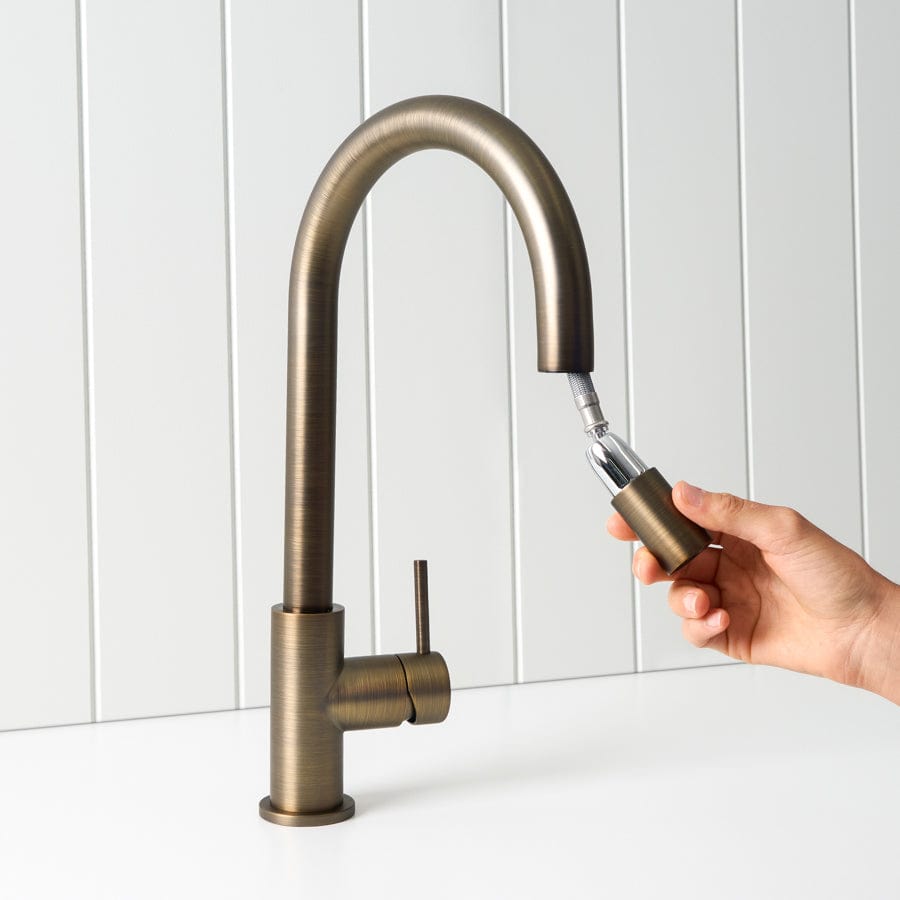 Antique Brass Sydney Pull-Out Kitchen Faucet - Modern Single Handle Sink Mixer for Farmhouse & Vintage Style Kitchens - Perfect for Cooking, Washing Dishes & Bathroom Use
