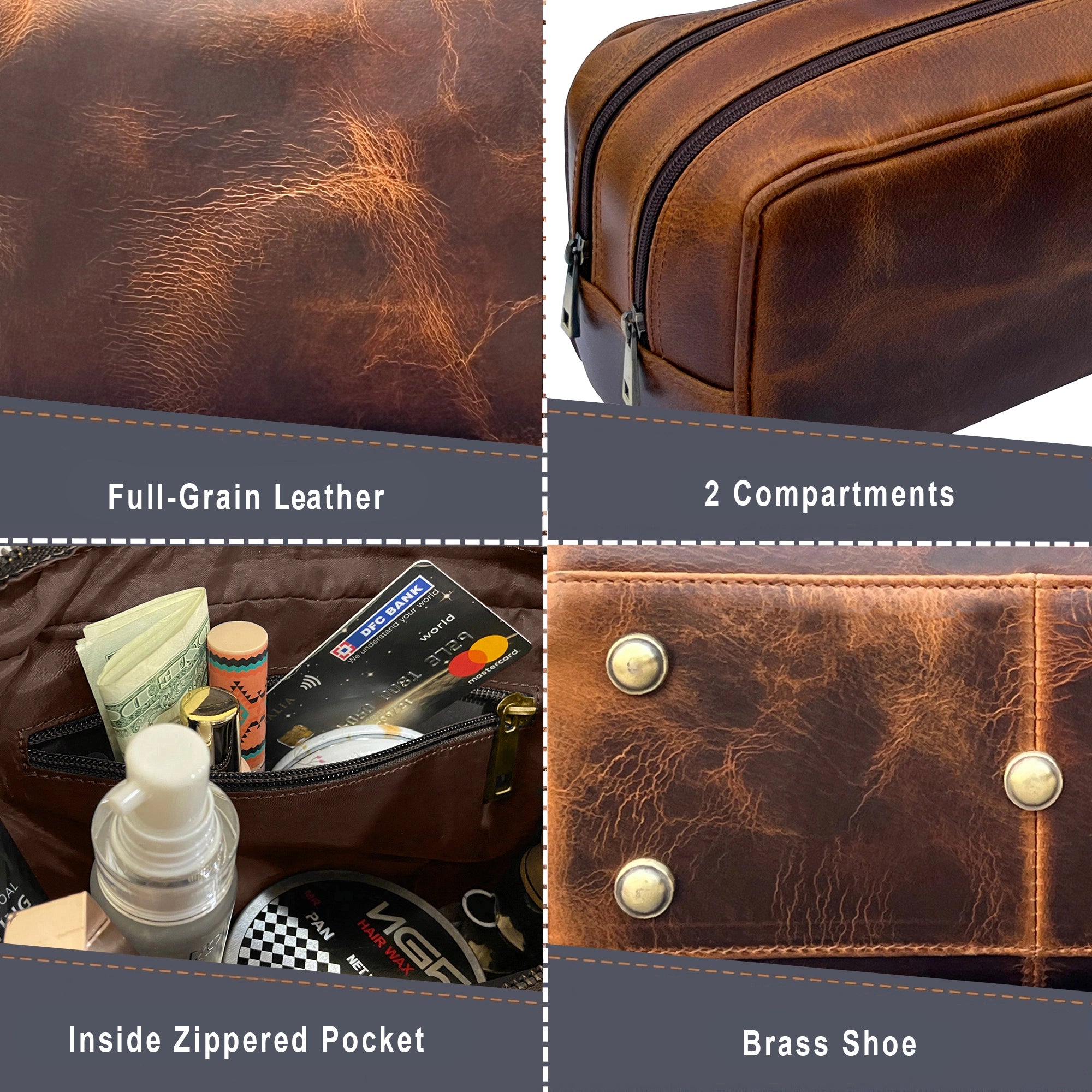 Johnny Genuine Leather Travel Toiletry Bag for Men - Waterproof Shaving Kit Organizer (Antique Brown) - Perfect for Business Trips, Gym & Weekend Getaways
