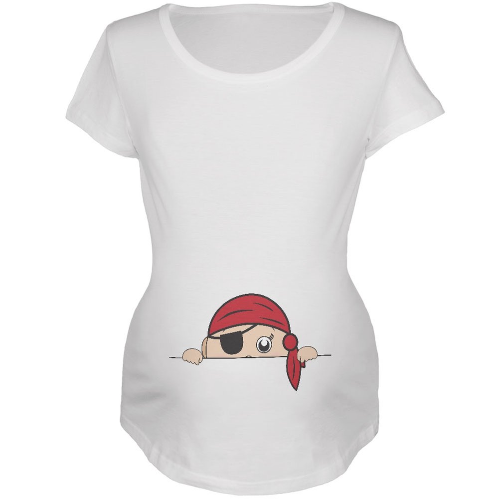 Old Glory Halloween Peeking Baby Pirate White Maternity T-Shirt - Soft Cotton Pregnancy Tee for Pirate-Themed Halloween Costumes & Maternity Photoshoots