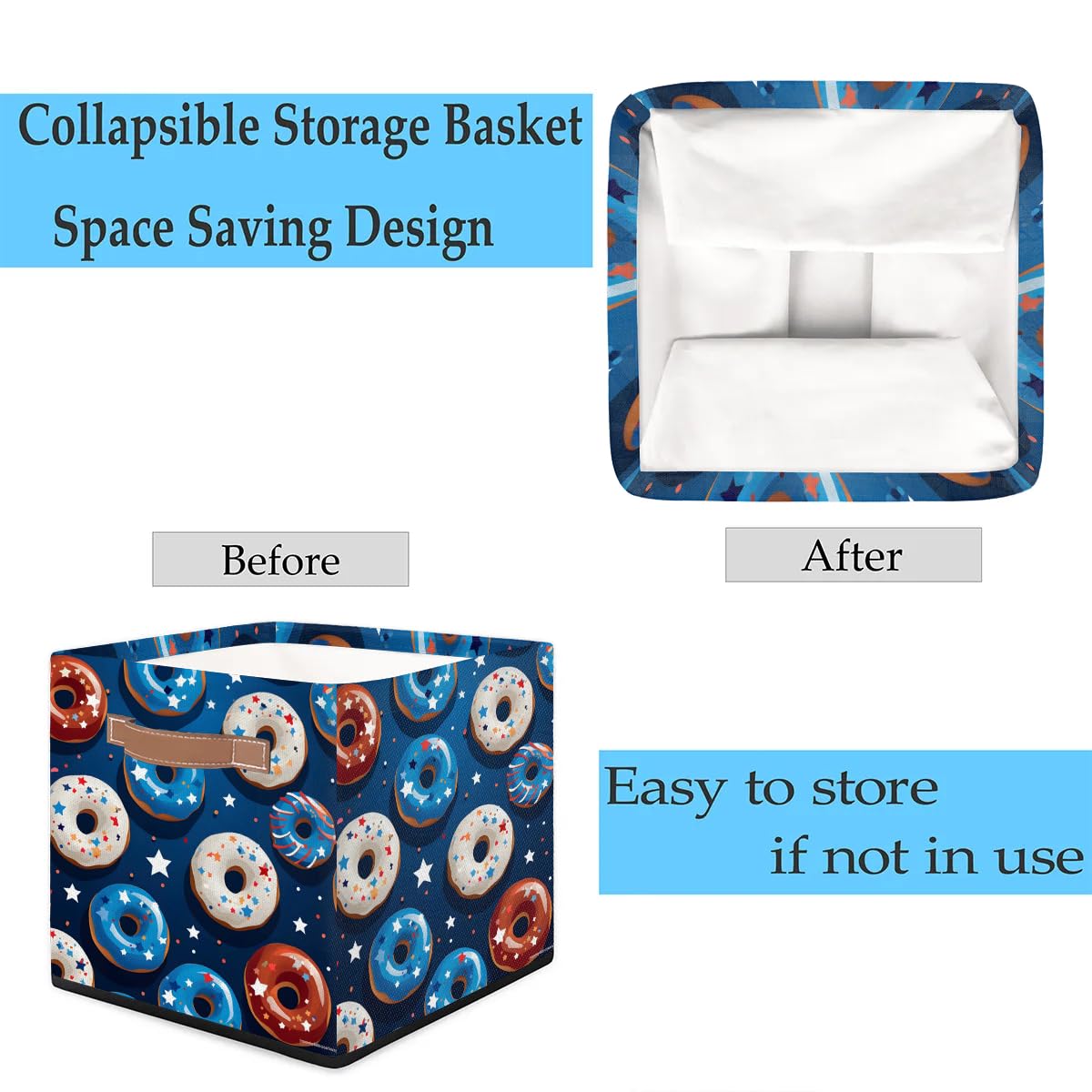 13 Inch Collapsible Storage Basket with Leather Handle - Foldable Organizer Bin for Foodstuffs, Pantry, Closet & Home Decor | Perfect for Kitchen Shelves, Dessert Display & Bedroom Organization