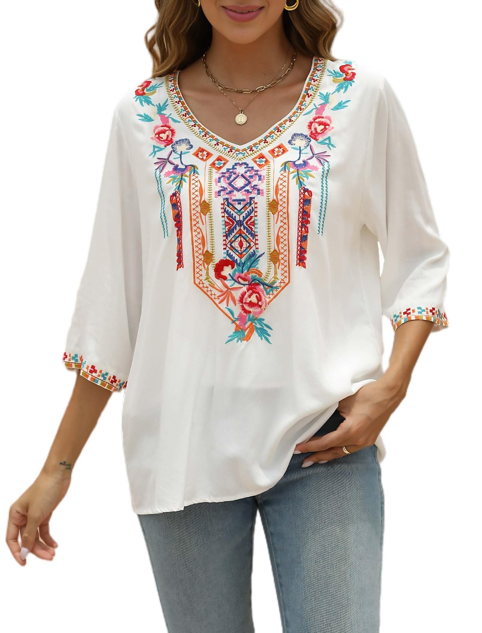 AK Embroidered Peasant Blouse for Women - 3/4 Sleeve Mexican Tunic Top with V-Neck - Traditional Embroidered Casual Shirt for Everyday Wear & Boho Style Outfits