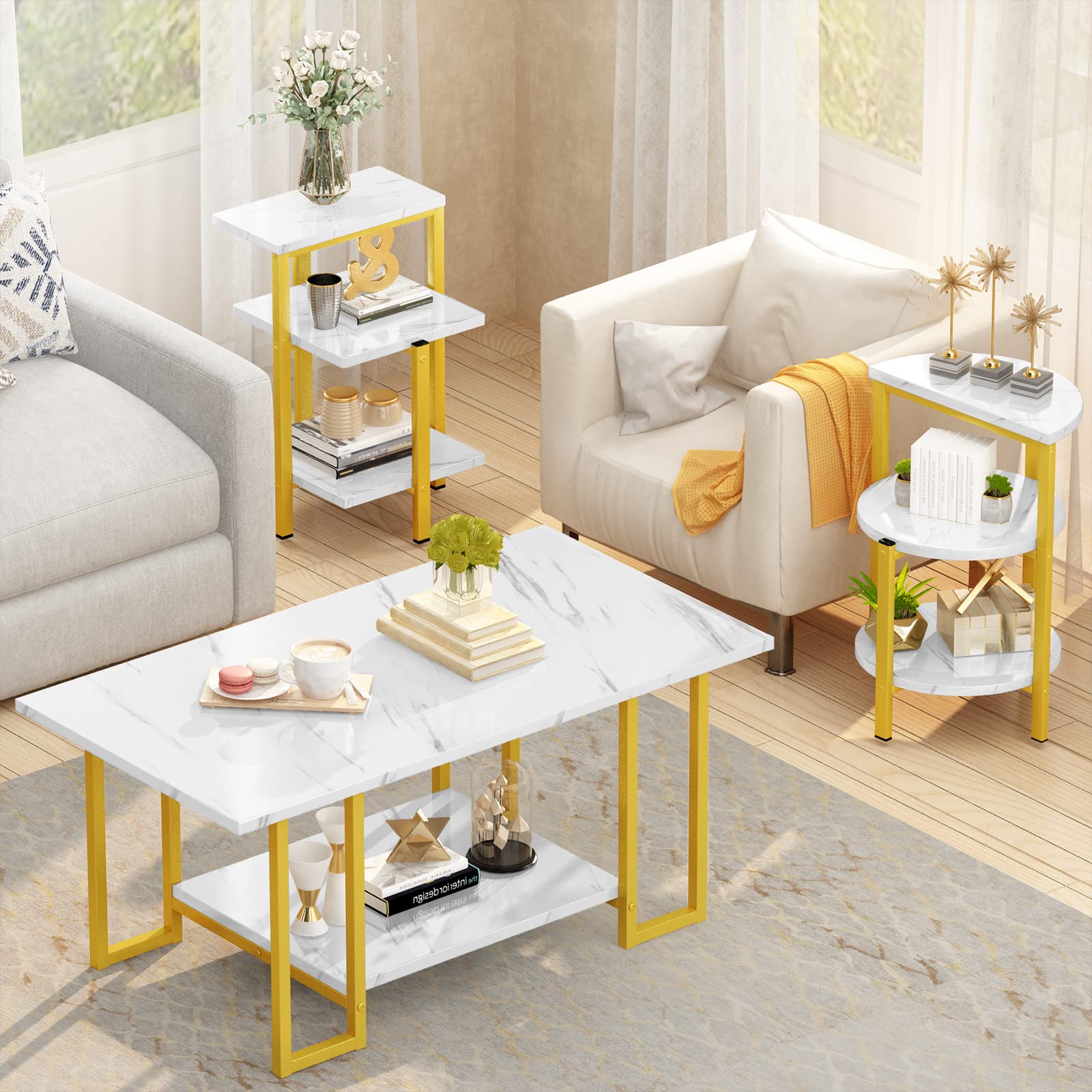 Modern Faux Marble Coffee Table Set with Metal Legs - 3-Piece Living Room Center Table Includes 2-Tier Coffee Table & 2 End Tables - Perfect for Small Spaces, Apartments, and Contemporary Home Decor