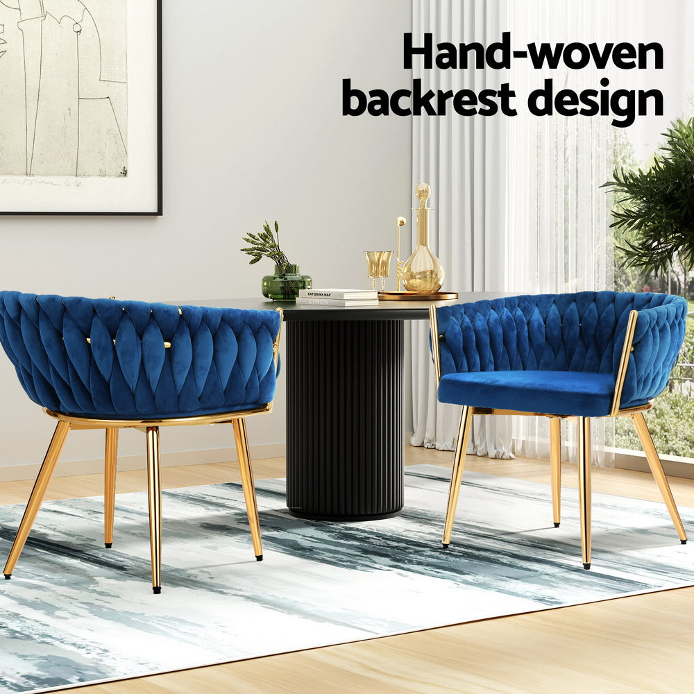 2 Pack Artiss Velvet Woven Dining Chairs - Blue Upholstered Armchairs for Kitchen, Dining Room & Home Decor