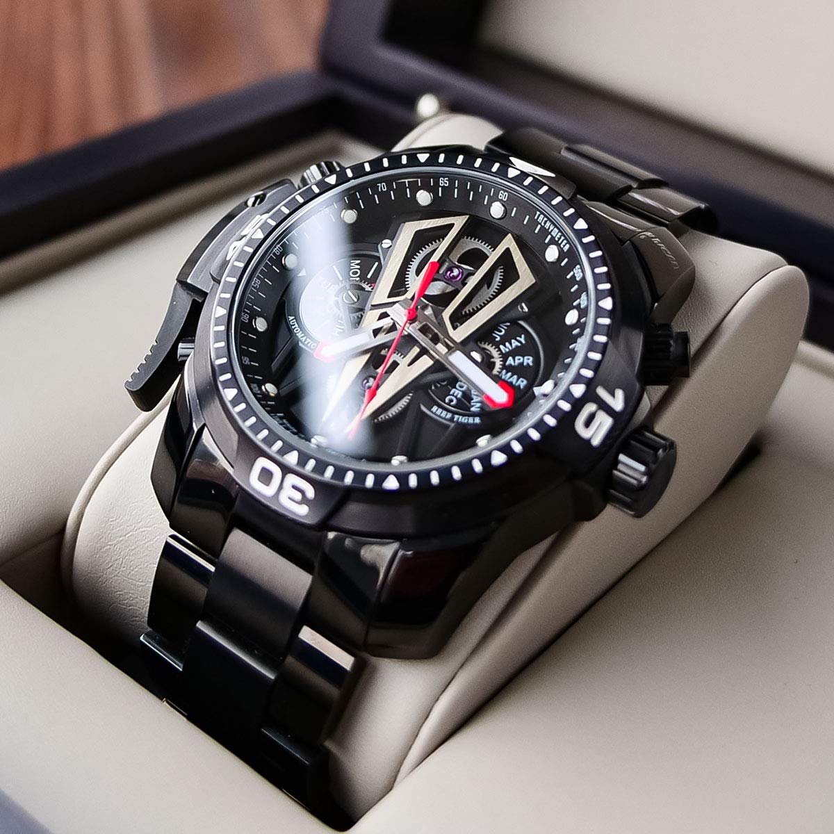 REEF TIGER Men's Automatic Mechanical Watch - Stainless Steel Sports Chronograph with Date Window, Water Resistant, Multi-Functional RGA3591 - Perfect for Outdoor Adventures, Business Meetings & Casual Wear