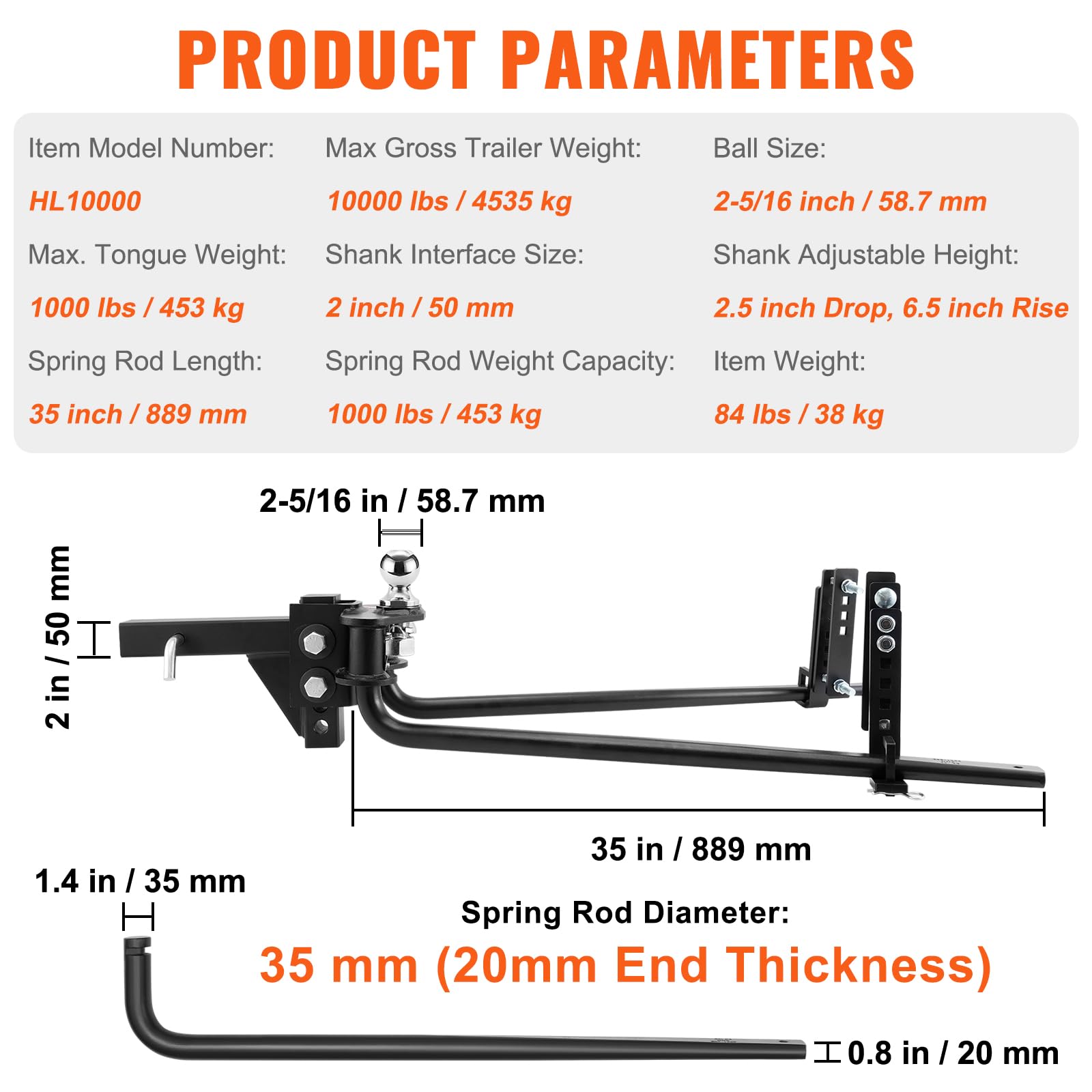 VEOVR 1,000 lbs Weight Distribution Hitch Kit with Sway Control - 2-in Solid Steel Shank & 2-5/16