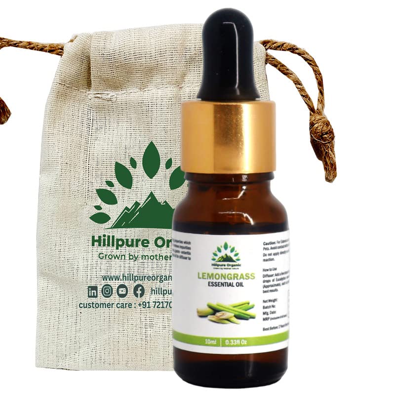 Hillpure Organic Lemongrass Essential Oil - 100% Pure Natural Aromatherapy Oil for Hair, Skin & Relaxation | 10ml | Perfect for Diffusers, Massage & DIY Beauty Products