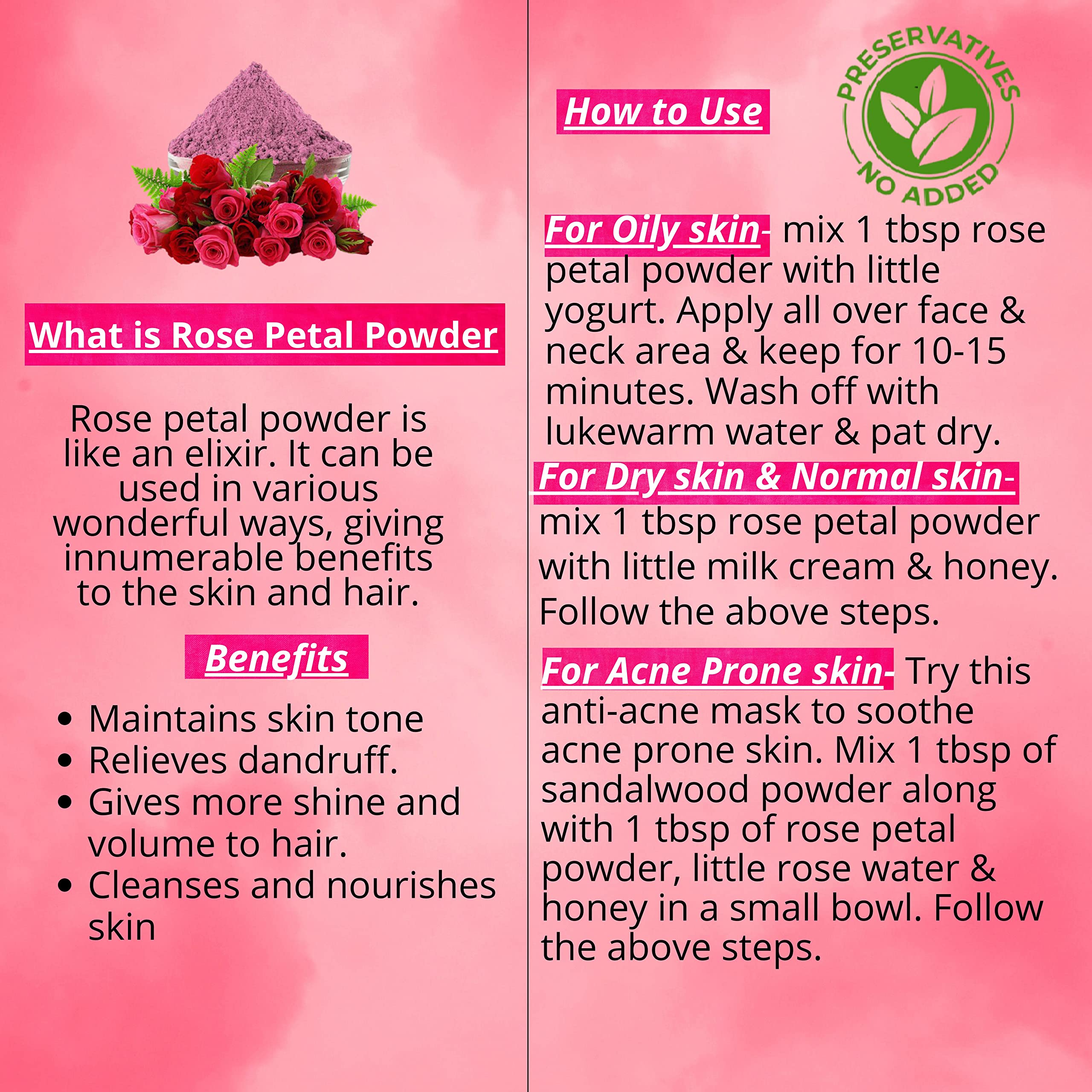100% Organic Rose Petal Powder for Face Care - Natural Skincare Treatment for Glowing Skin | DIY Face Masks, Soaps & Beauty Recipes | Perfect for Sensitive Skin & Anti-Aging Routine