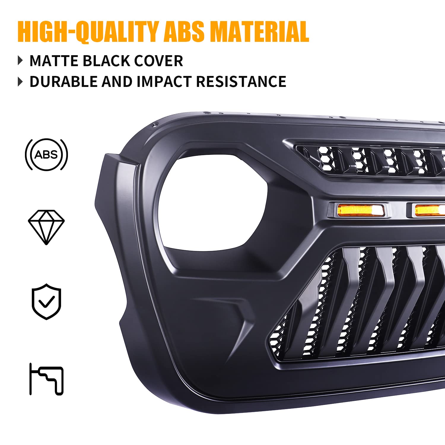 2018+ Jeep Wrangler JL/JLU & Gladiator JT Matte Black Mesh Grille Front Cover with Amber LED Running Lights | Off-Road Protection & Style Upgrade