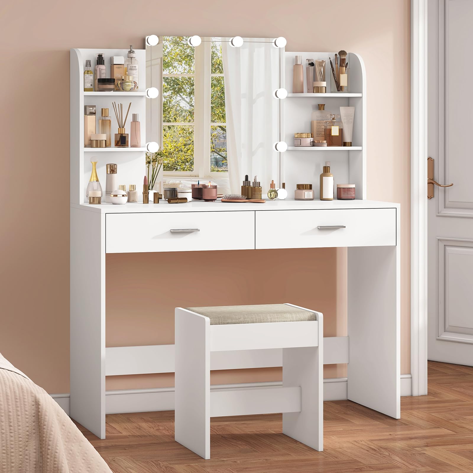 USIKEY White Makeup Vanity Set with LED Mirror & 10 Lights, 2 Drawers & Open Shelves - Dressing Table with Cushioned Stool for Bedroom, Bathroom & Beauty Salon | Perfect for Makeup Application & Skincare Routine