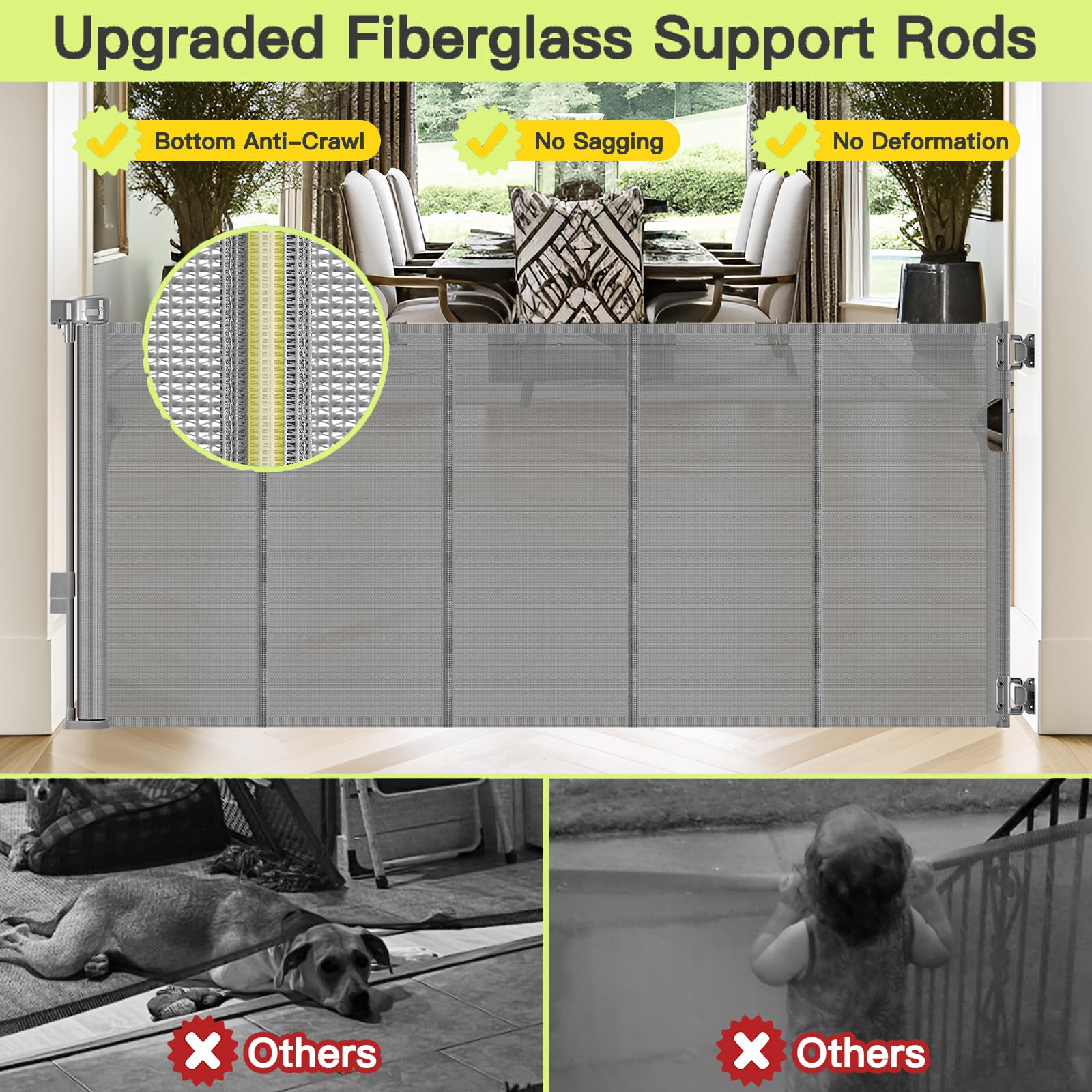 195 Inch Extra Wide Retractable Baby Gate & Dog Fence with Support Rods - 16ft Expandable Safety Barrier for Indoor/Outdoor Use | Prevents Crawling Under | Durable Gray Pet Gate for Stairs, Hallways & Doorways