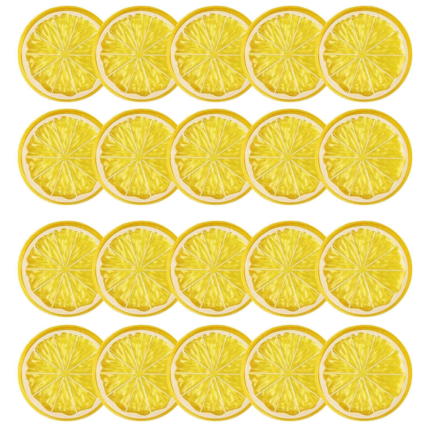 20PCS Mini Fake Lemon Slices - Artificial Plastic Fruit Decor for Weddings, Parties & Home Decor - Realistic Yellow Fruit Models for Photography Props, Basket Fillers & Table Centerpieces (Perfect for DIY Crafts, Baby Showers & Seasonal Displays)