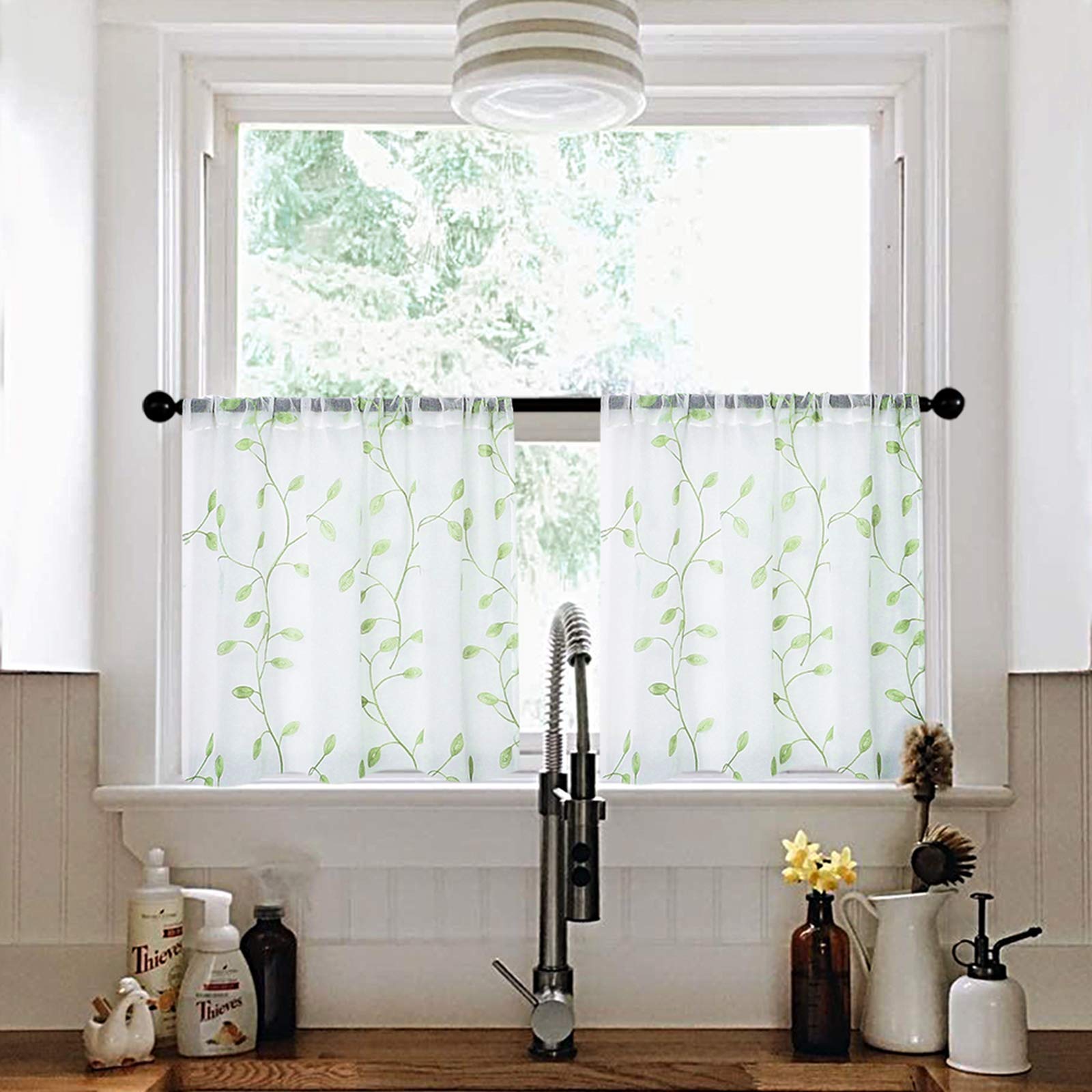 MRTREES Sheer Tier Curtains 30x30 Inches - 2 Panel Set with Rod Pocket, Voile Fabric & Leaf Embroidery for Kitchen, Bathroom, Bedroom Half Windows - Green Leaves Design for Natural Light Filtering & Privacy