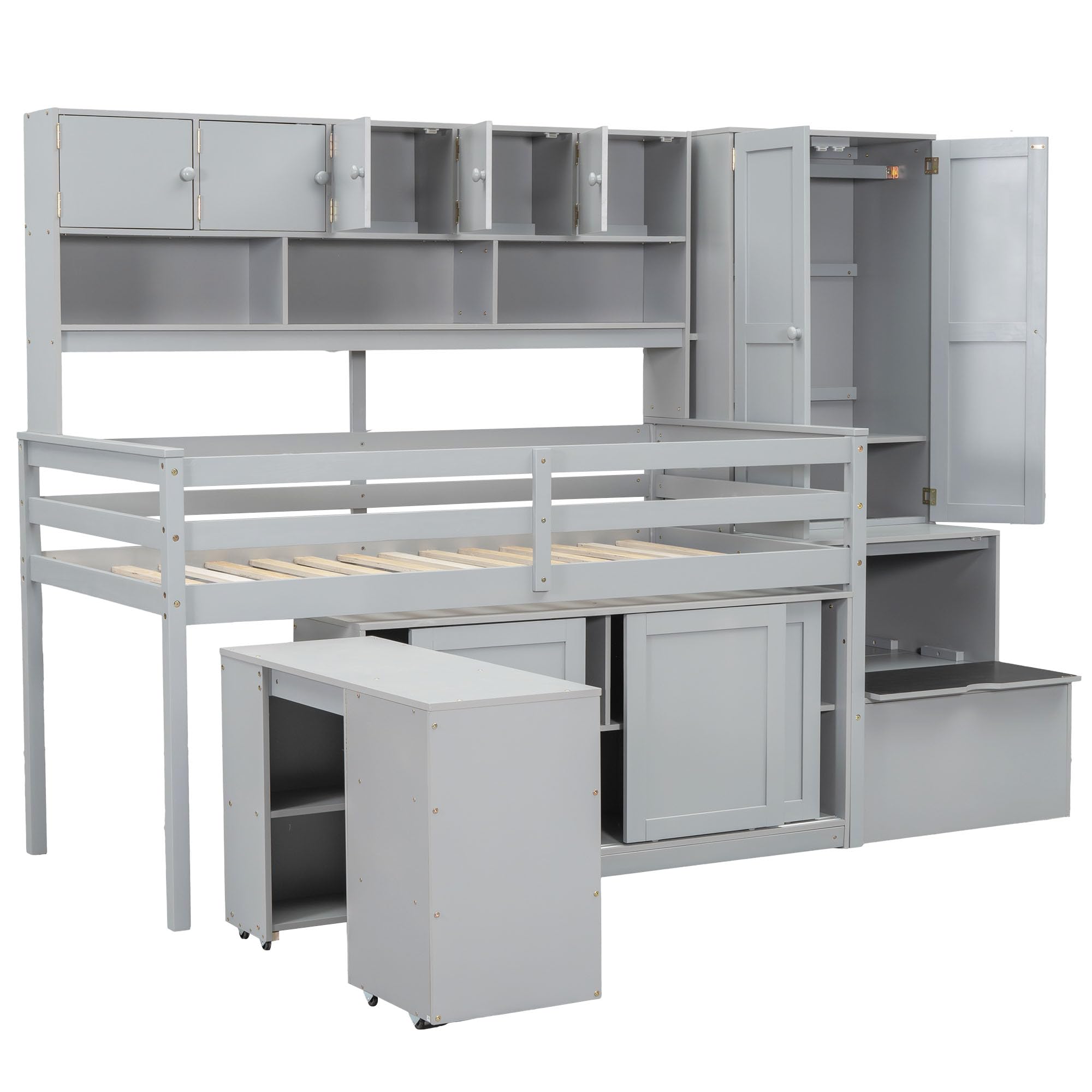 Harper & Bright Designs Kids Twin Low Loft Bed with Desk & Wardrobe - Wood Twin Loft Bed Frame with Storage Shelves & Cabinet - Perfect for Small Bedrooms, Kids & Teens Room - Space-Saving Gray Loft Bed for Study & Sleep