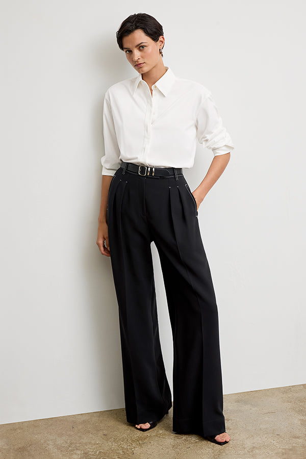 Bia Pleated Trousers for Women - High Waist Everyday Crepe Pants with Topstitch Detail - Comfortable Office Work Pants - Black - Perfect for Business Casual & Professional Wear