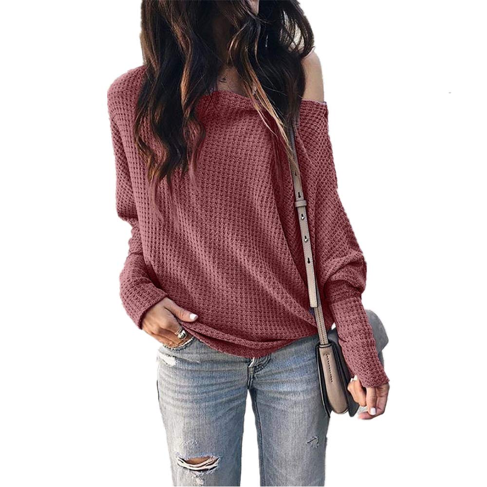 XIAOADAI Women's Casual Loose Waffle Knit Tunic Blouse - Off Shoulder Batwing Sleeve Pullover Sweater for Fall & Winter | Perfect for Office, Date Night and Weekend Outfits