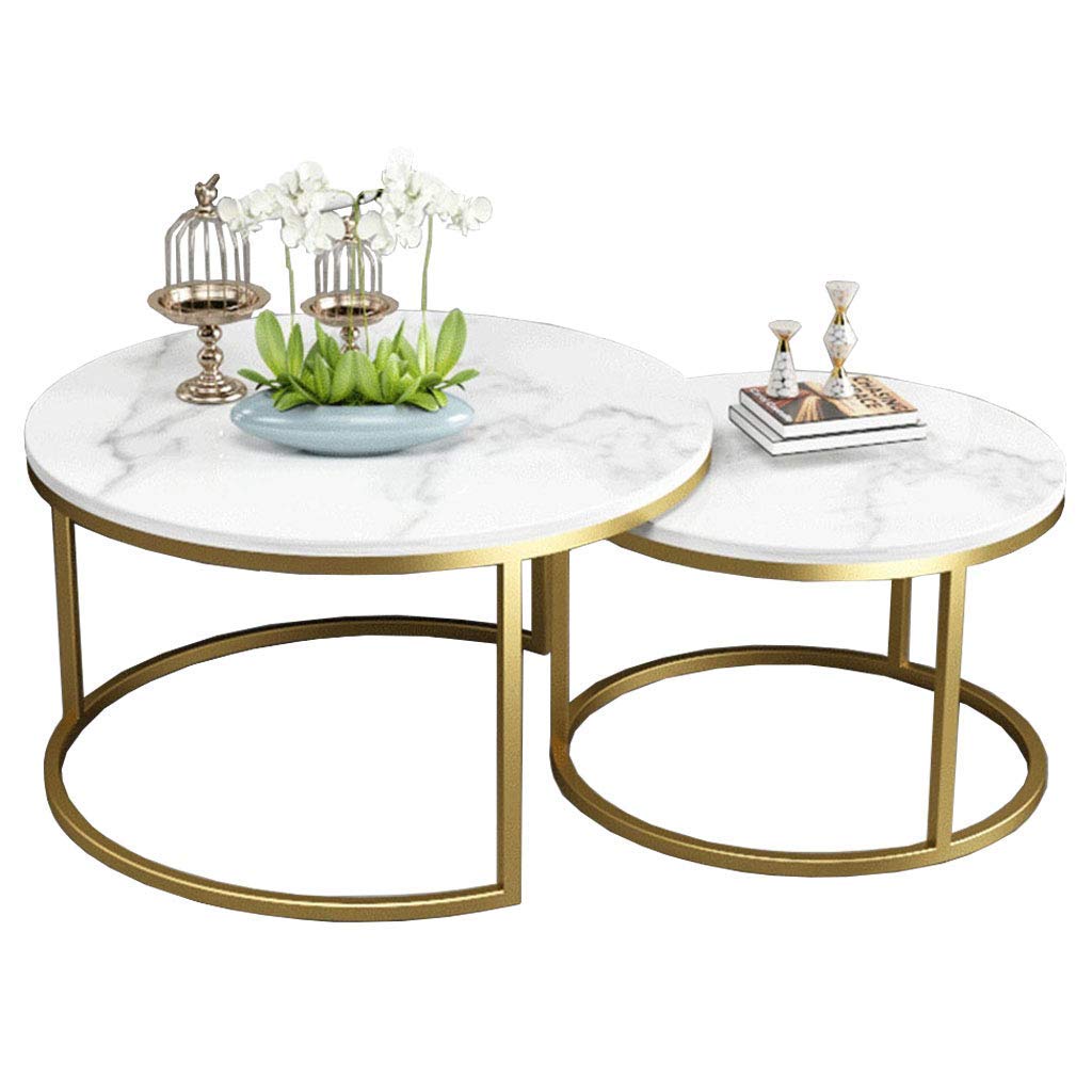 Modern Marble Nesting Coffee Tables Set of 2 - Round Sofa Console & Side Tables for Living Room, Home Office - Elegant Home Décor Furniture for Lounge, Entertainment Areas & Workspaces